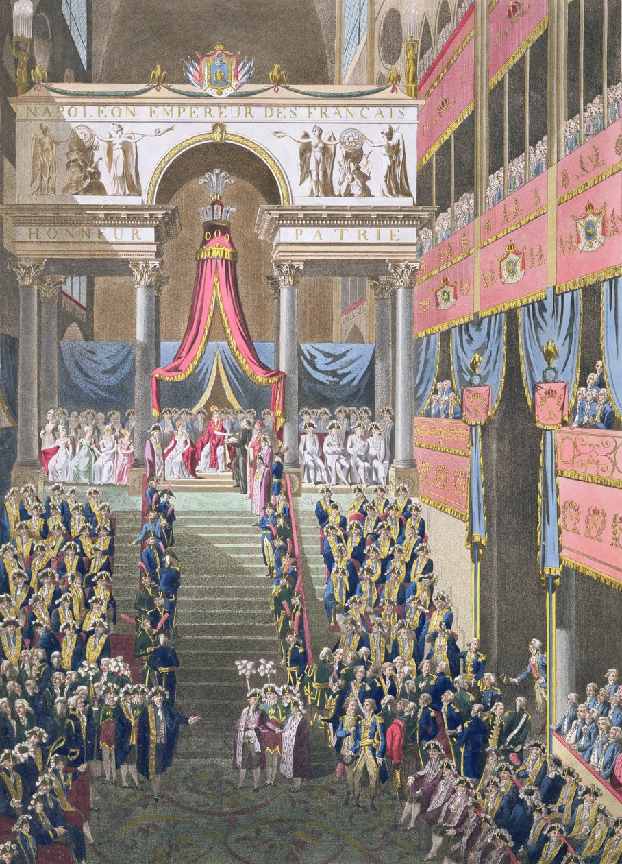 Hellig festival og kroning av deres keiserlige majesteter, keiseren erklærer konstitusjonseden ved katedralen Notre Dame, utgitt 1806 (håndtonet gravering) av Louis Le Coeur