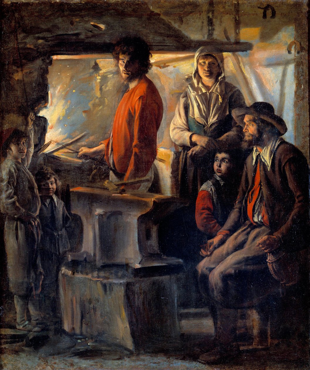 Smeden eller marekalen i smia hans. Marechal-jernet og hans familie, ved siden av ham en ambolt. Maleri av Ludvig den Nain (1593-1648) 1600-tallets søn. 0,69x0,57 m av Louis le Nain