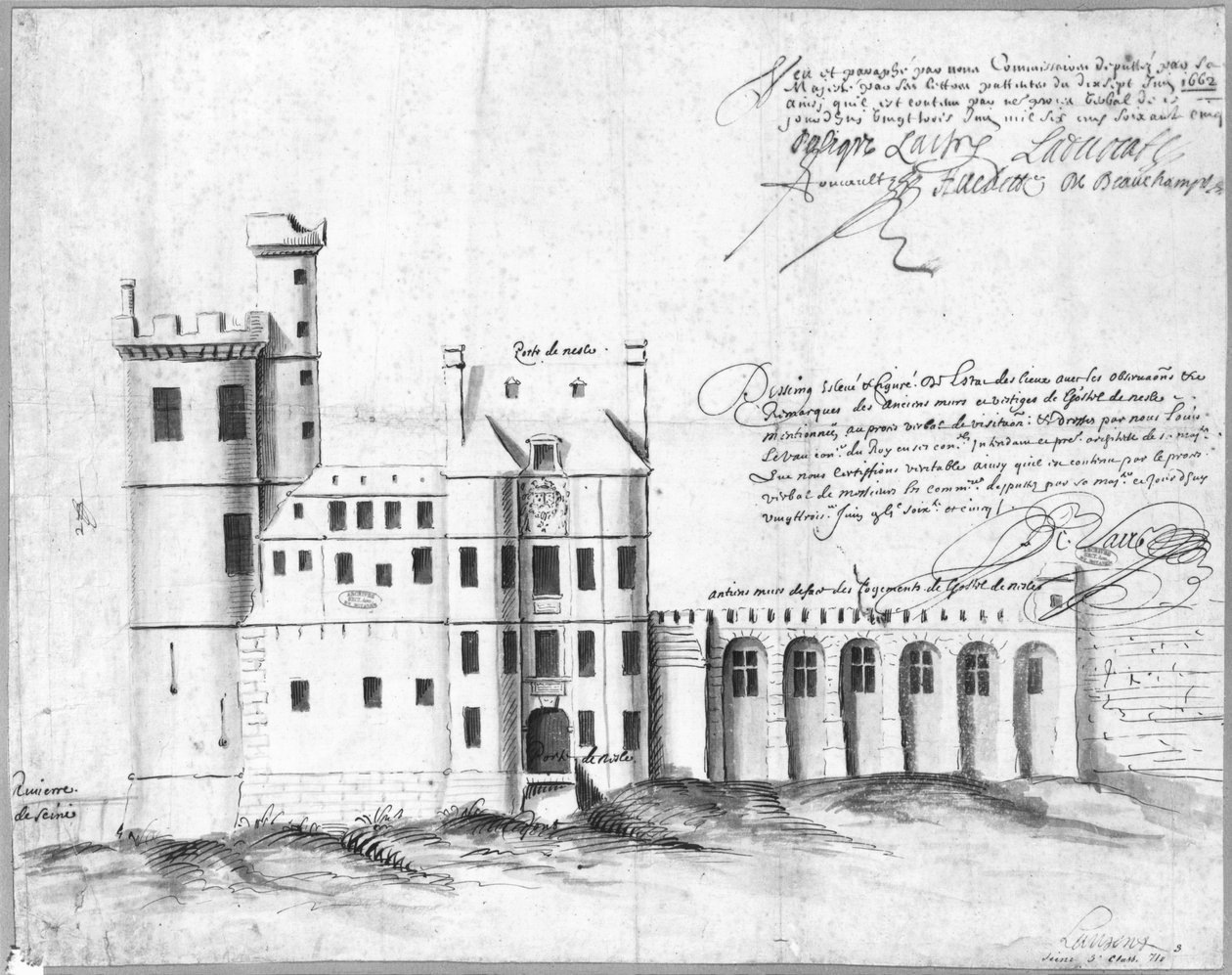 Fasade til Porte og Hotel de Nesle, 1662 (penn og blekk og vask på papir) av Louis Le Vau
