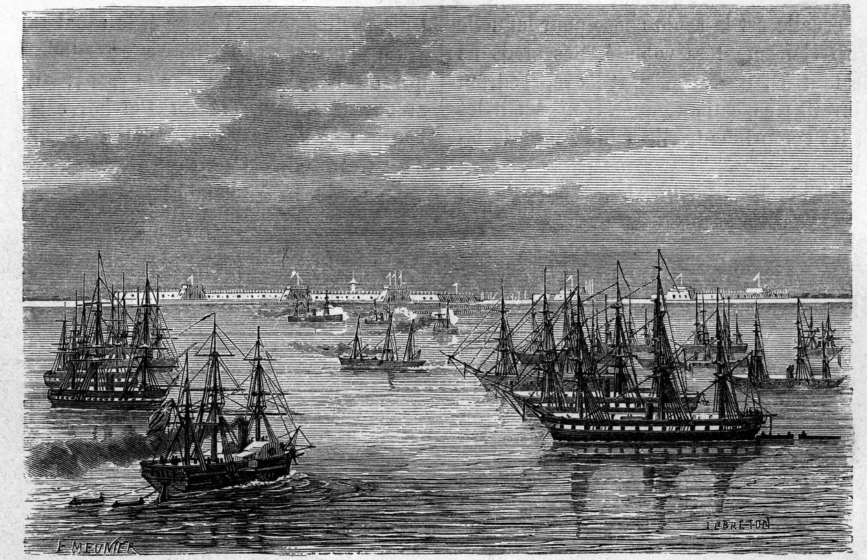 Utsikt over den franske Anglo-skvadronen i munningen av Hai He-elven i Bohaihavet i Tanggu, Kina. Gravering av Lebreton, i "" Le Tour du Monde, Nouveau journal des Voyages"", redigert av Edouard Charton, Paris av Louis Le Breton