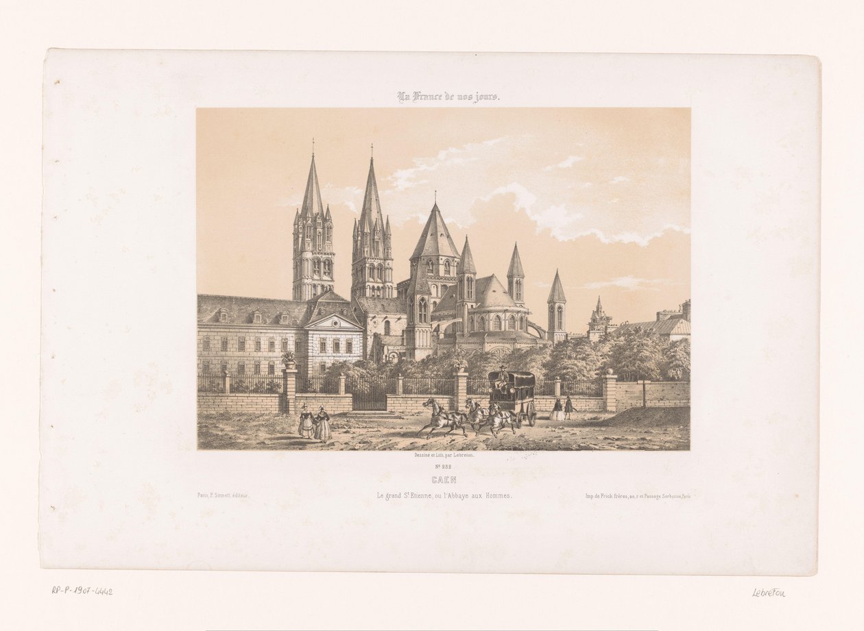 Zicht op de Abbaye aux Hommes met de Eglise Saint-Étienne te Caen Caen. Den store Etienne, eller Abbey of Men (tittel på objekt) Hedendaags Frankrijk (serietittel) Frankrike i dag (serietittel på objekt) av Louis Le Breton