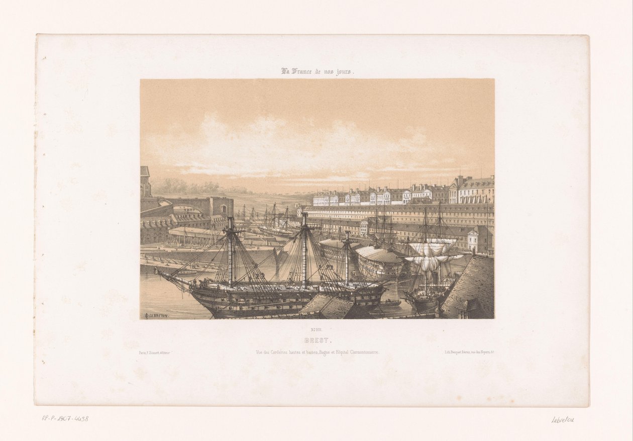 Utsikt over Arsenal ved havnen i Brest brest. Vue des Corderies hautes et basses, Bagne og Hôpital Clermontonnerre (tittel på objekt) Contemporary France (serietittel) La France de nos jours (serietittel på objekt) av Louis Le Breton