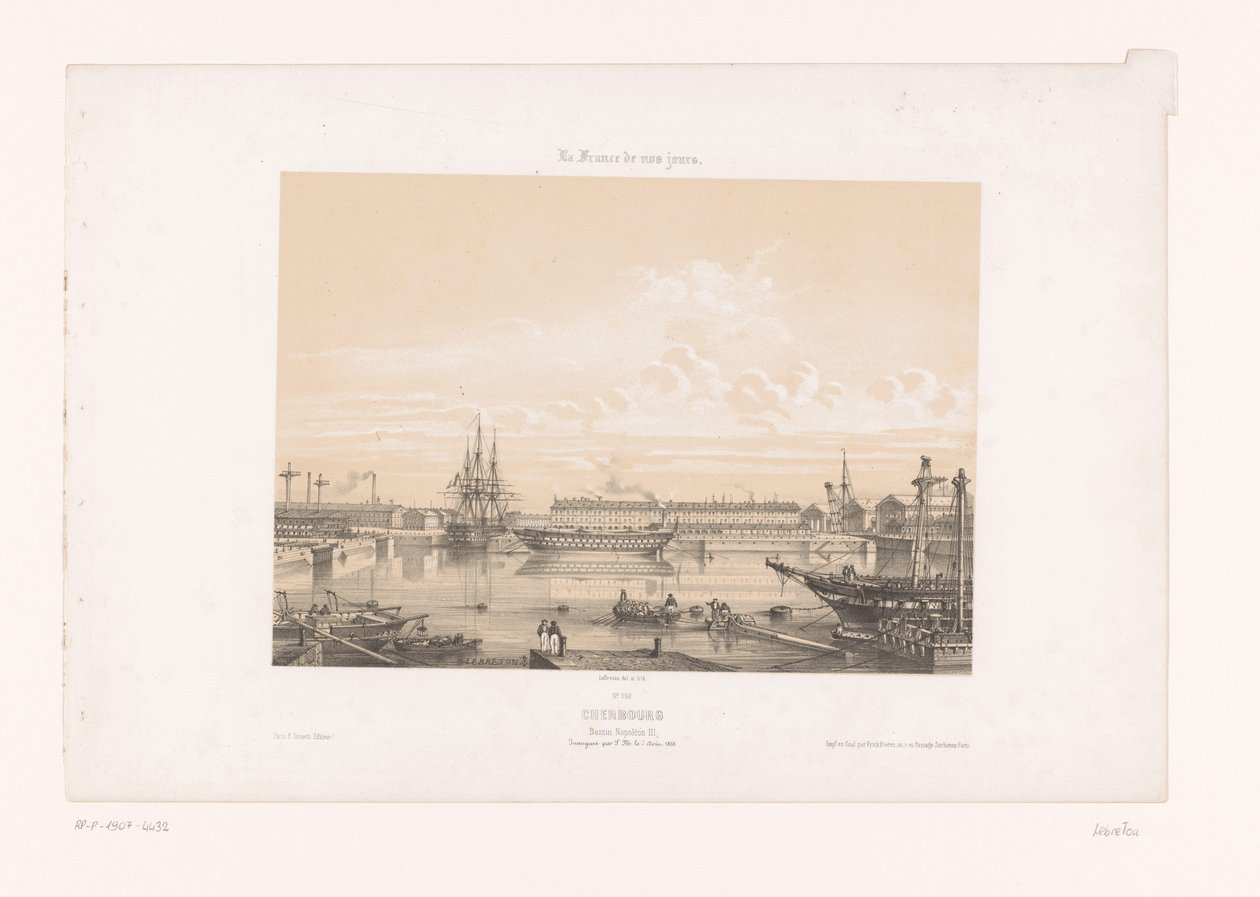 Utsikt over Bassin Napoléon III ved havnen i Cherbourg Cherbourg. Bassin Napoléon III (tittel på objekt) Contemporary France (serietittel) La France de nos jours (serietittel på objekt) av Louis Le Breton