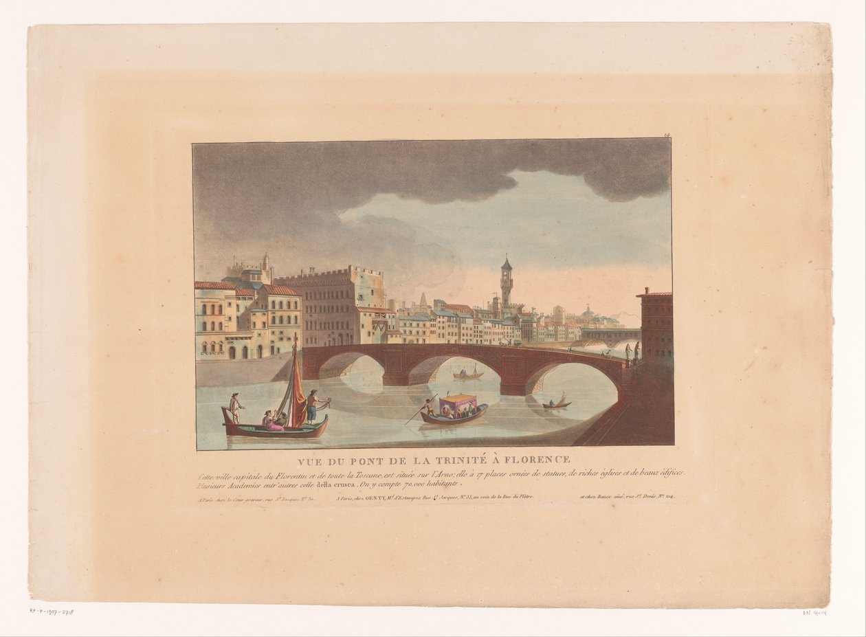 Utsikt over Ponte Santa Trinita i Firenze Vue du Pont de la Trinité i Firenze (tittel på objekt) Bylandskap i Italia, Spania og Egypt (serietittel) av Louis Lecoeur