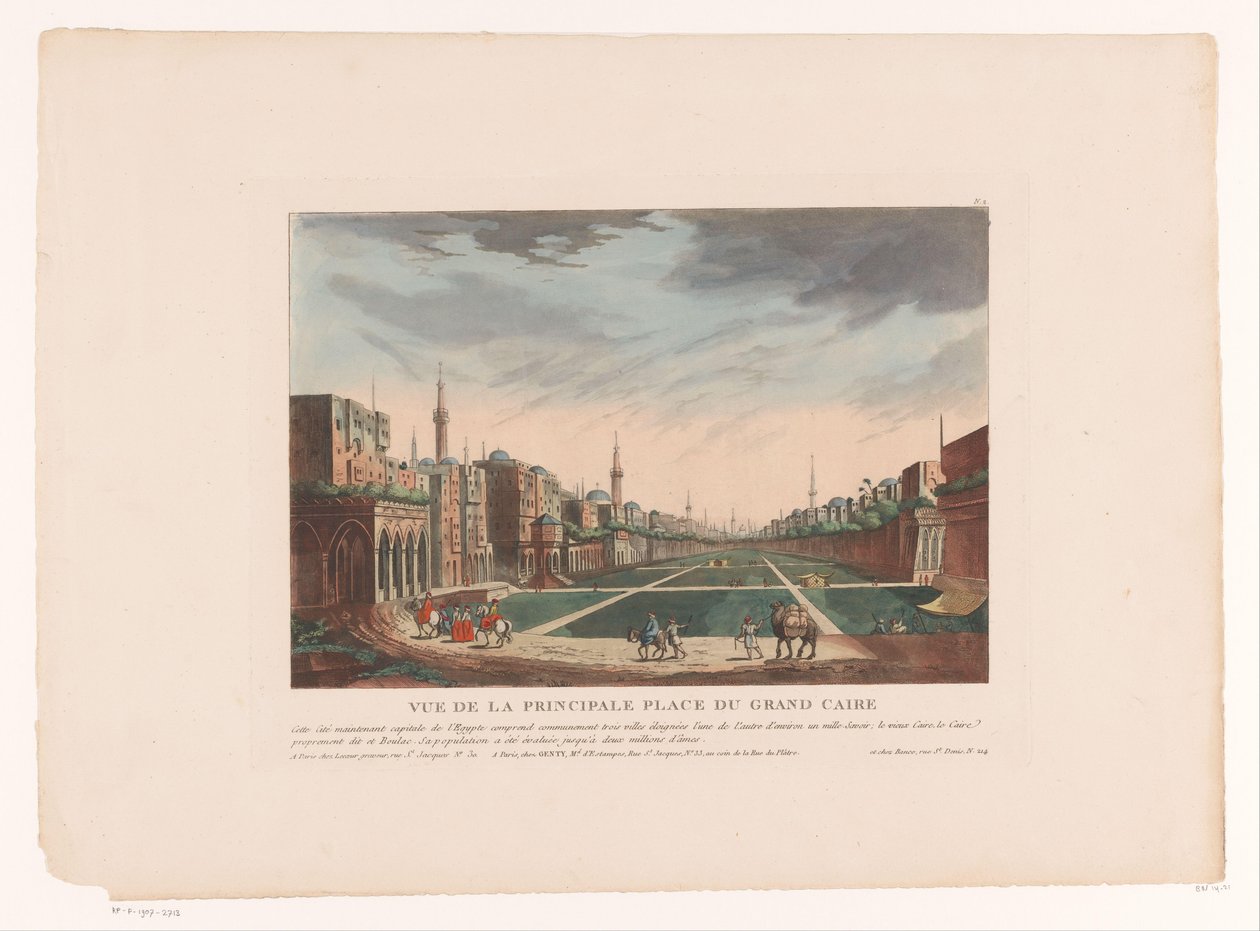 Utsikt over et torg i Kairo Vue de la Principale Place du Grand Caire (tittel på objekt) Bylandskap i Italia, Spania og Egypt (serietittel) av Louis Lecoeur