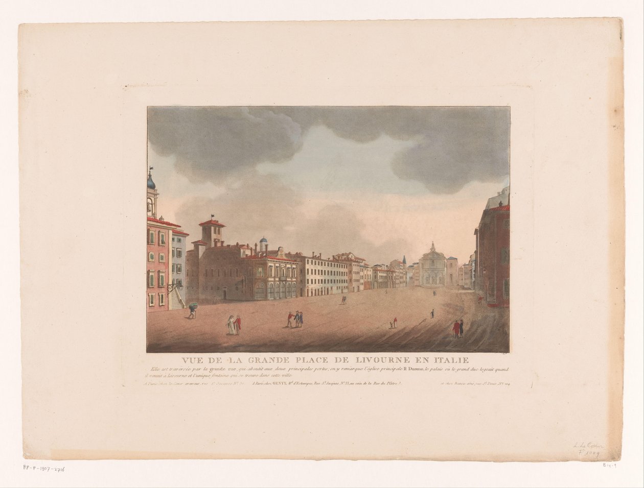 Utsikt over Piazza Grande i Livorno Vue de la Grande Place de Livourne i Italia (tittel på objekt) Bylandskap i Italia, Spania og Egypt (serietittel) av Louis Lecoeur