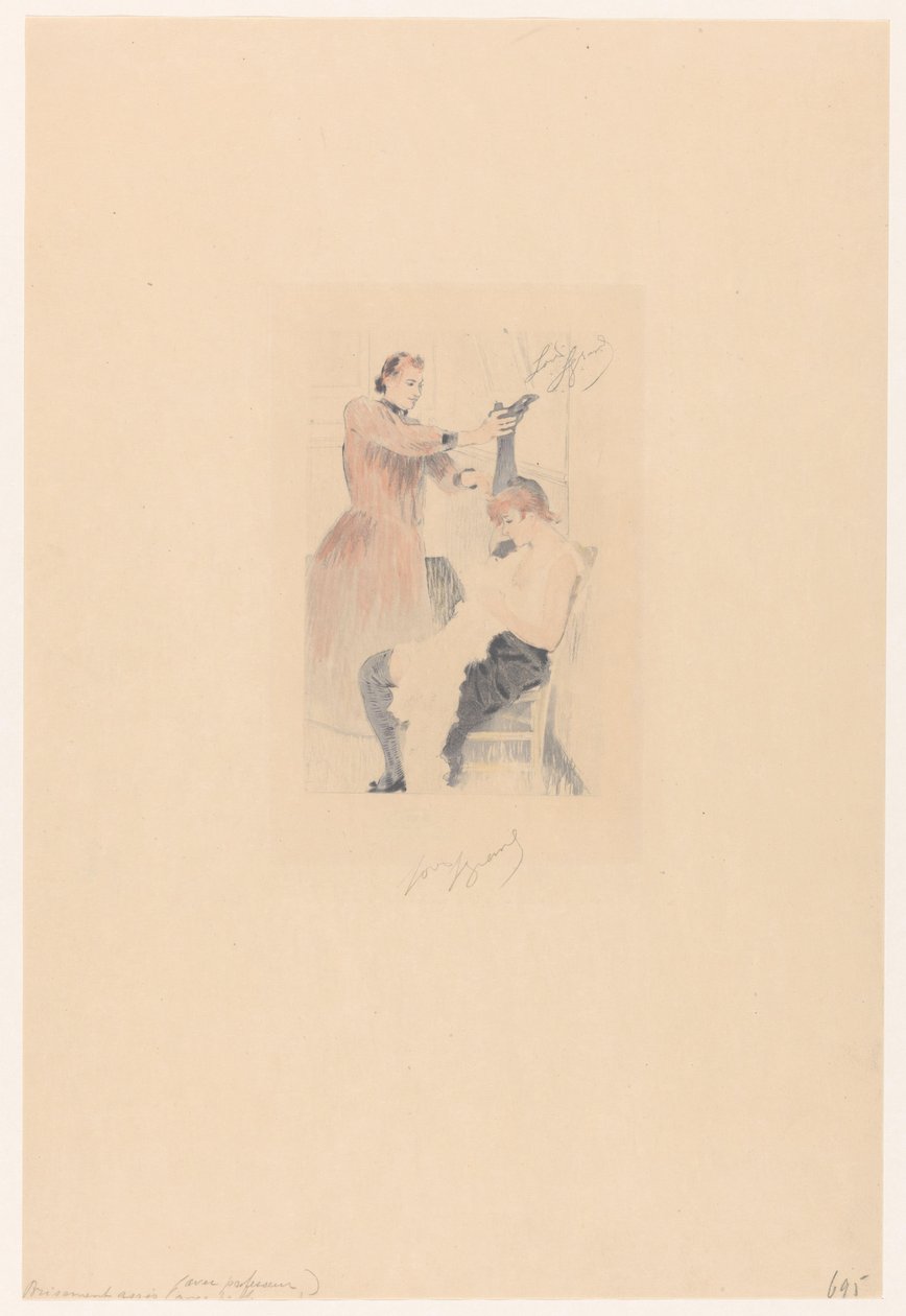 Cancan-danser sitter på en stol mens han gjør en fleksibilitetsøvelse Brisement assis (avec professeur) (tittel på objekt) av Louis Legrand (signed by artist)