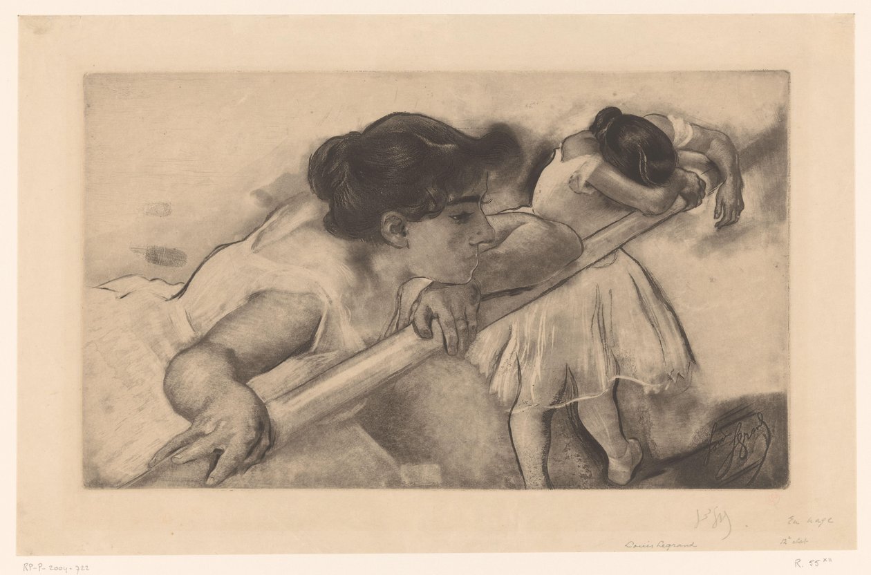To ballerinaer ved en ballettbar En nage (tittel på objekt) Unge ballerinaer (serietittel) Les Petites du ballet (serietittel) av Louis Legrand (signed by artist)
