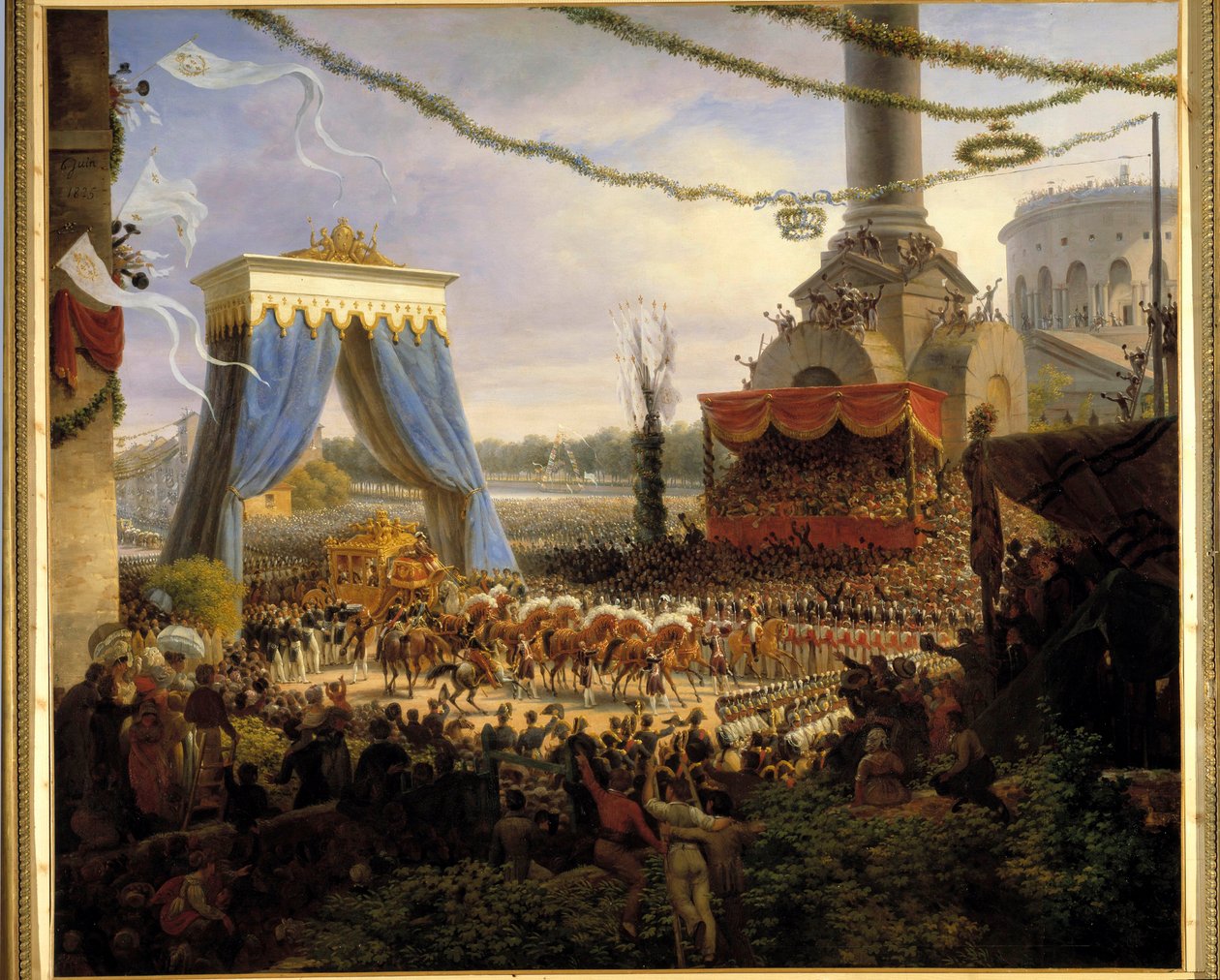 Entre de Charles X à Paris etter kroningen 6.06.1825. Den kongelige vognen ble ønsket velkommen ved Barriere de la Villette av det kommunale organet i Paris, med prefekten til avdelingen for Seine i spissen, greven av Chabrol, maleri av Louis Fra av Louis Lejeune