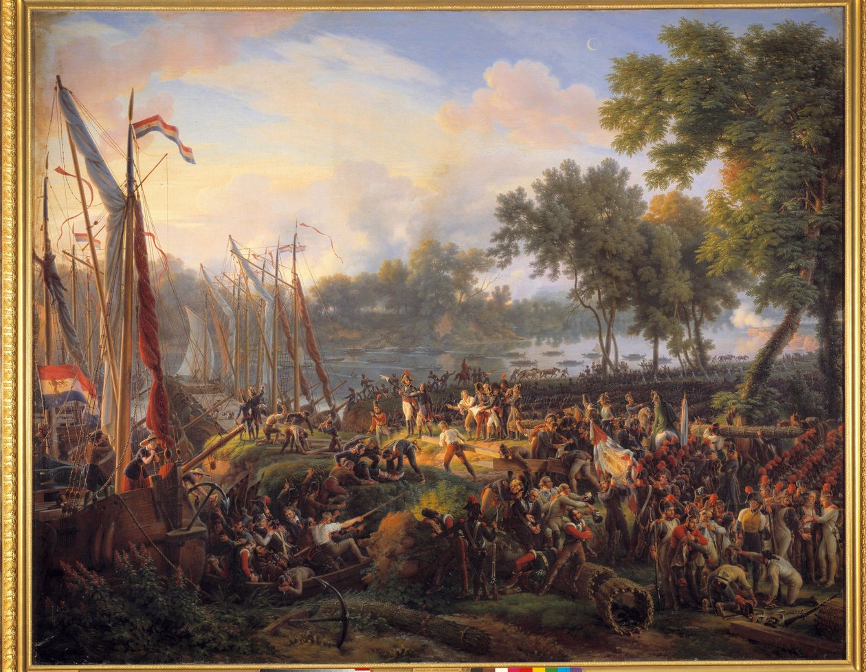 Første passasje av Rhinen av den franske hæren kommandert av Jourdan og Kleber, ved Düsseldorf i hertugen av Berg, 6. september av Louis Lejeune
