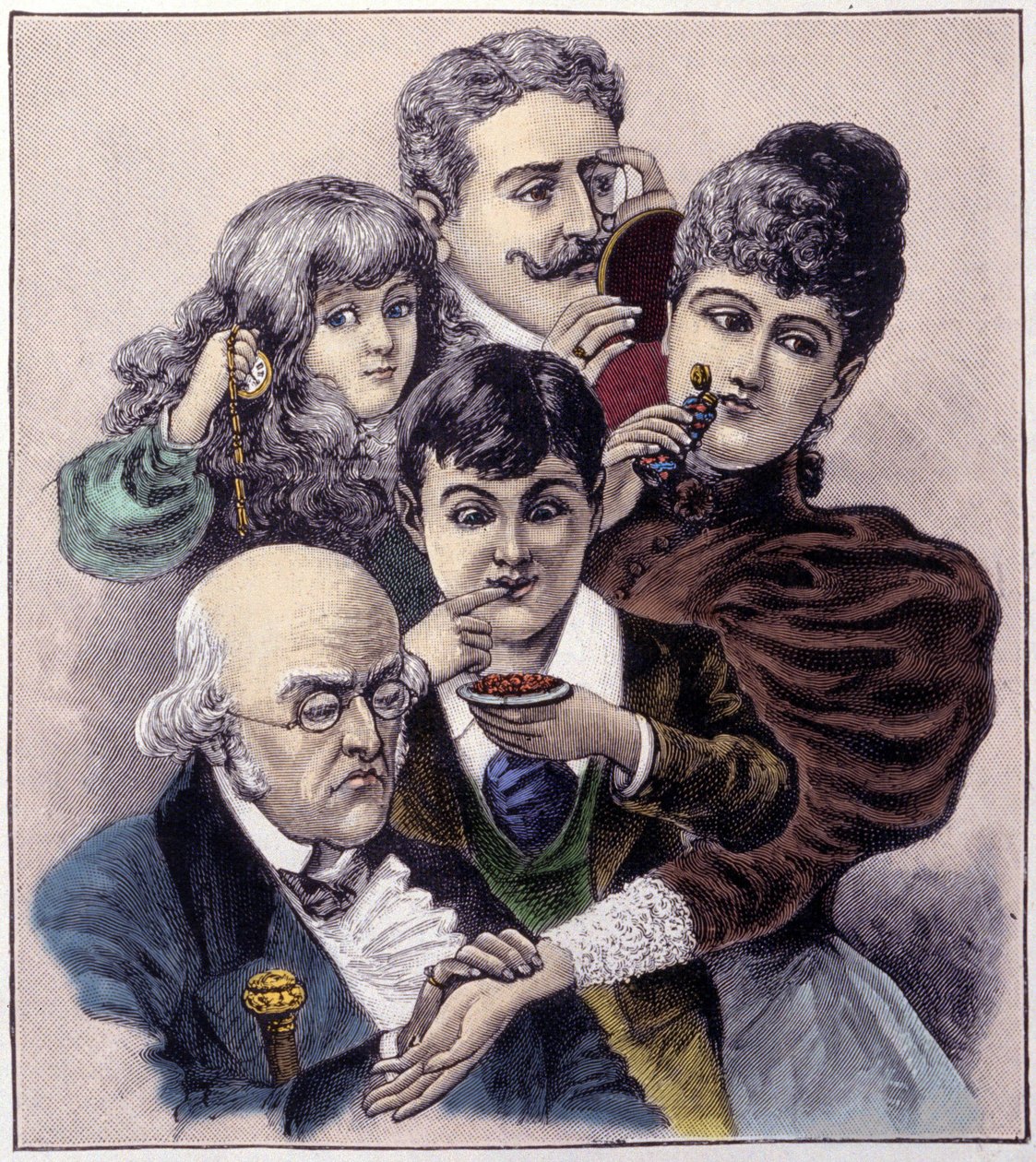 Representasjon av de fem sansene (berøring, hørsel, lukt, smak og syn) av Louis Leopold Bailly. Gravering fra 1894. av Louis Leopold (after) Boilly