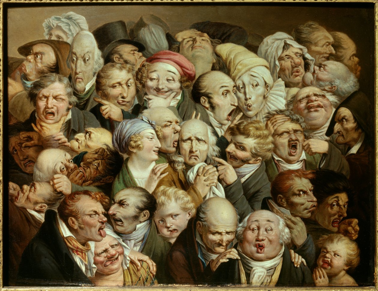 Karikatur: serie latterlige uttrykk "" gjenforening av 35 uttrykkshoder"" Maleri av Louis Leopold Boilly (1761-1845) ca. 1825 Olje på tre Dim. 0,19x0,25 m Tourcoing, musee des Beaux Arts - Gjenforening av 35 ansiktsuttrykk. Tegneserie: studier av r av Louis Leopold Boilly
