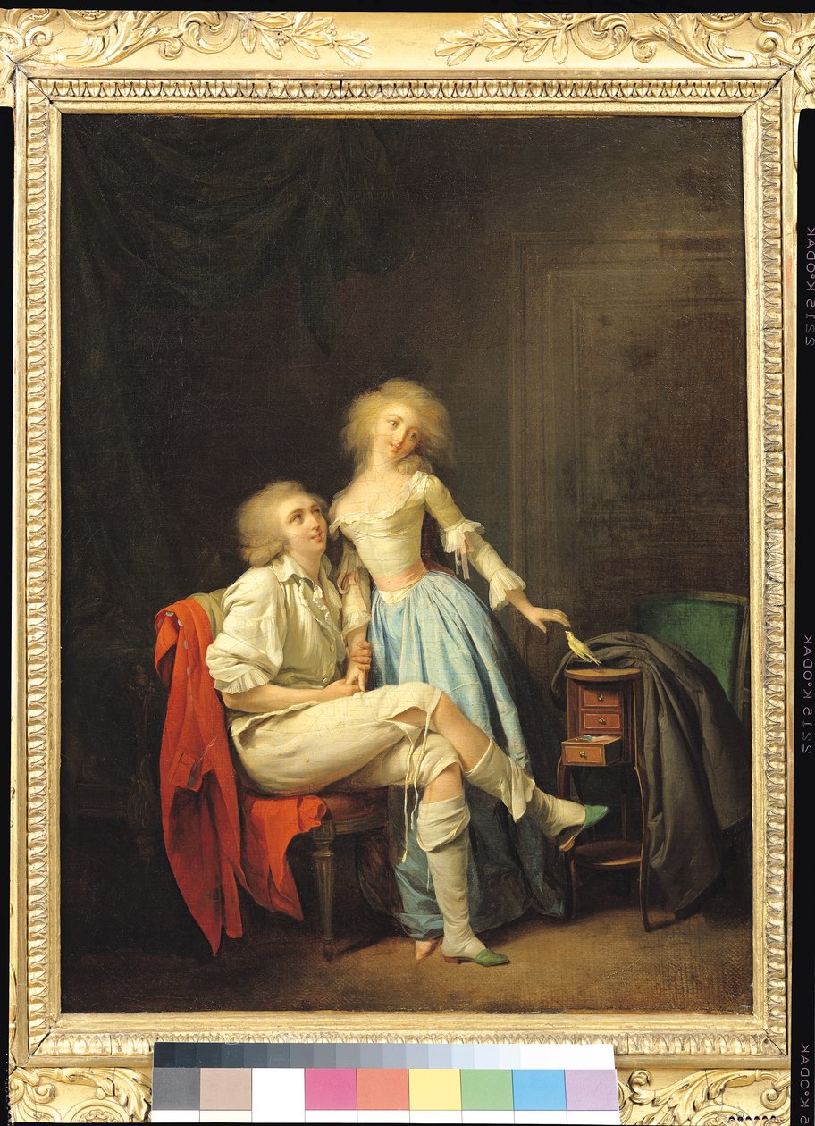 Par med en rømt fugl (olje på lerret) av Louis Leopold Boilly