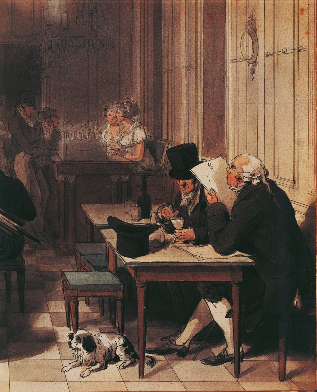 Interiør i kafé fra rundt 1815, av Louis-Leopold Boilly, Tegning av Louis Leopold Boilly