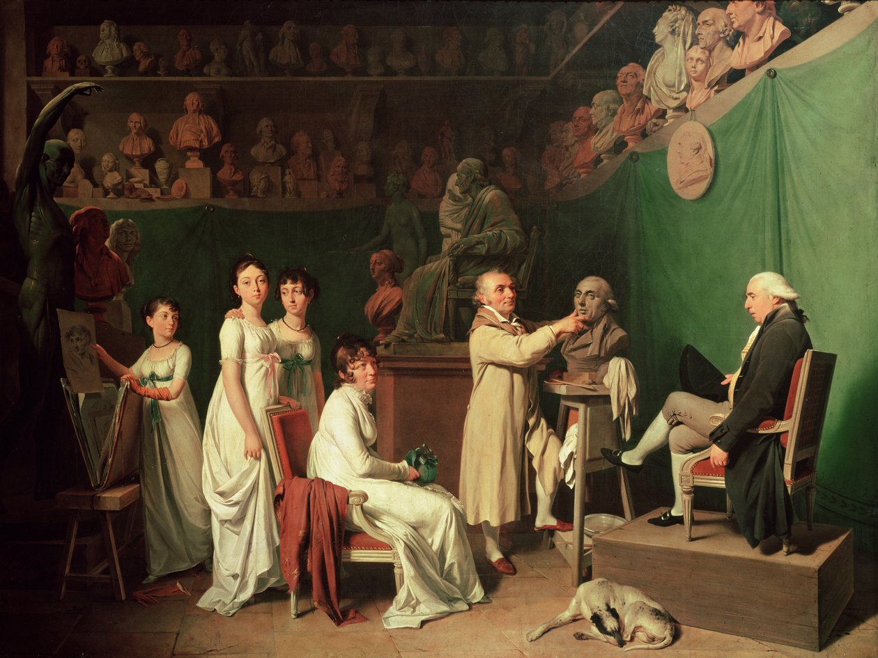 Jean Antoine Houdon (1741-1828) Skulpterer bysten av Pierre Simon (1749-1827) Marquis de Laplace i nærvær av hans kone og døtre, 1804 av Louis Leopold Boilly