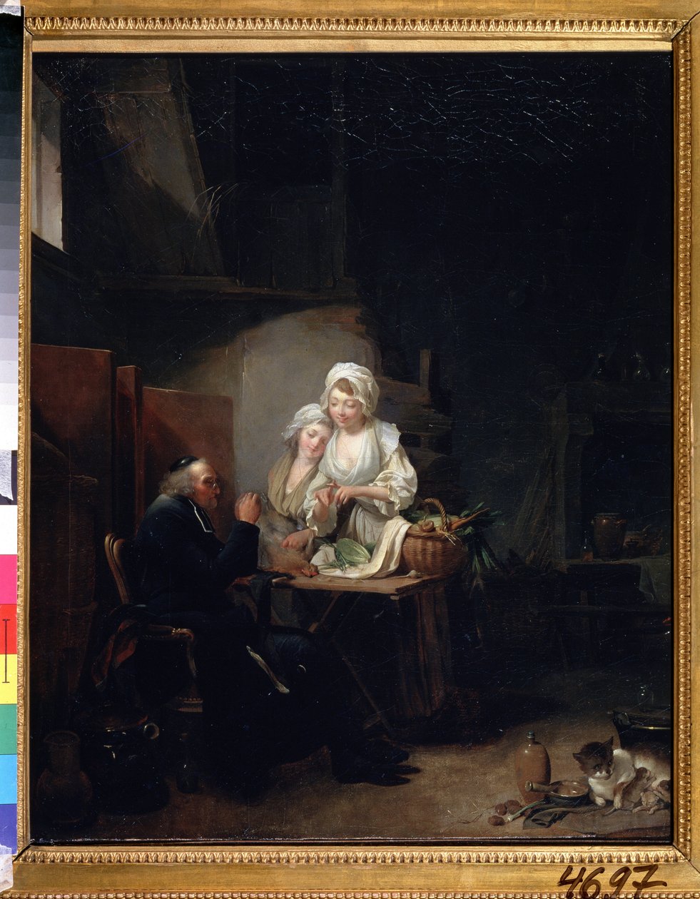 ""Den gamle presten"" (en gammel kurat) To kvinner bistår en gammel kurat på kjøkkenet. Maleri av Louis-Leopold (Louis Leopold) Boilly (1761-1845) 1785-1800 Pushkin-museet, Moskva av Louis Leopold Boilly