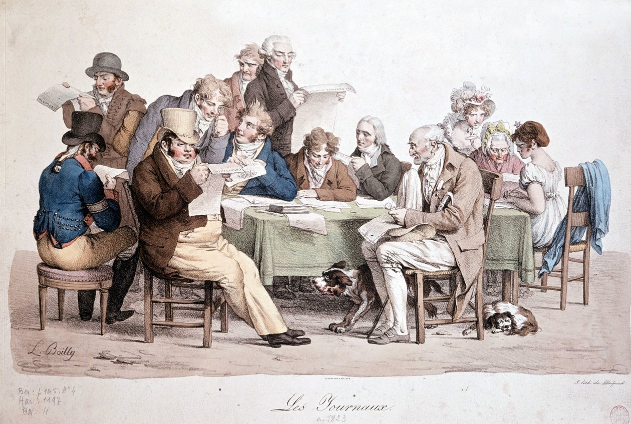 Menn som leser aviser - gravering av Louis Boilly med tittelen "" Les journaux"" av Louis Leopold Boilly