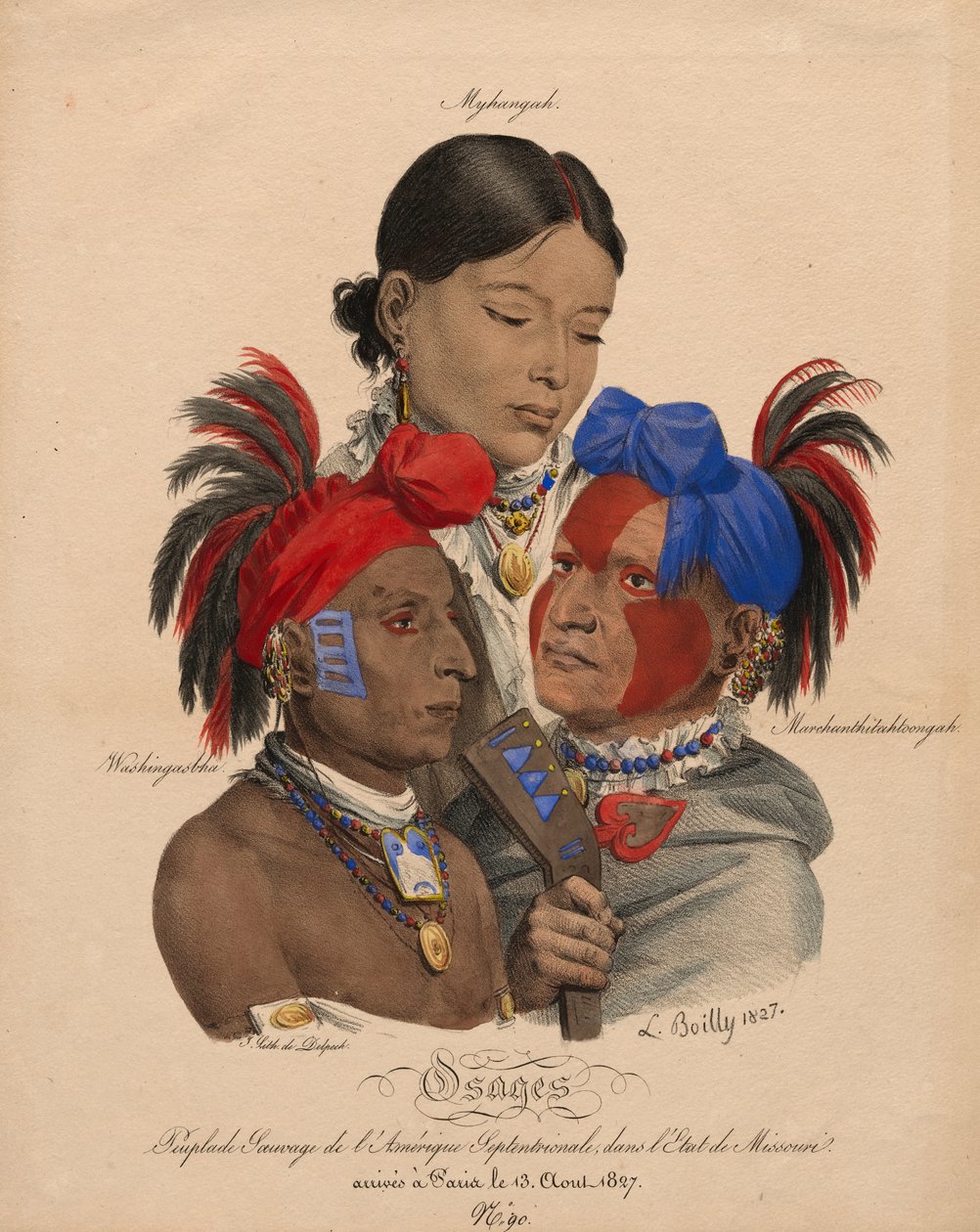 Osage-indianere: Mohongo, Washingsabba (eller Black Bird) og Big Soldier av Louis Leopold Boilly