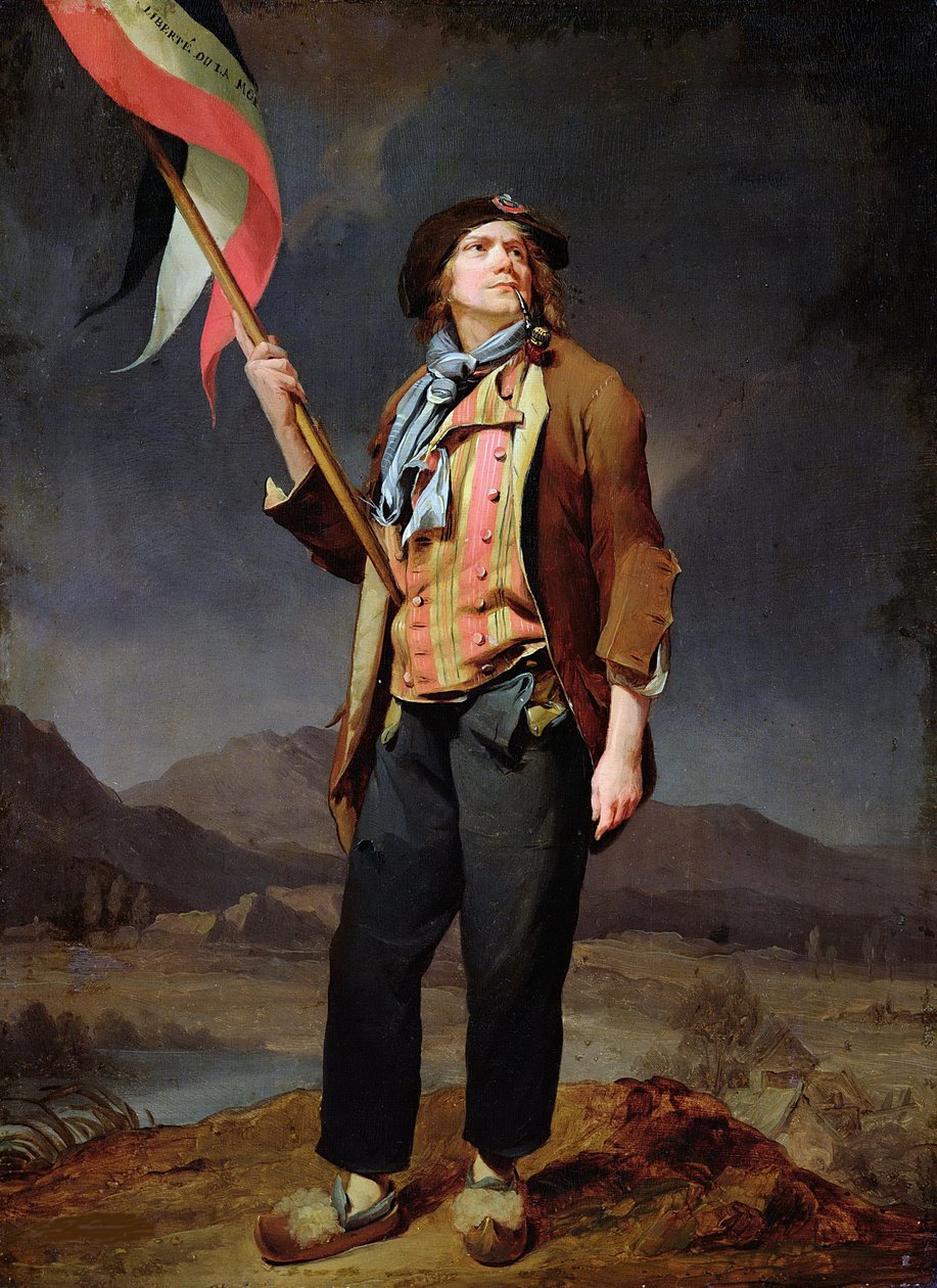Portrett av sangeren Simon Chenard (1758-1832) i et sans culotte-kostyme som bærer et flagg på Savoy Freedom Day, 14. oktober 1792"" Maleri av Louis Leopold Boilly (1761-1845). 1792. Størrelse 0,33x0,22 m. Paris, Carnavalet-museet av Louis Leopold Boilly