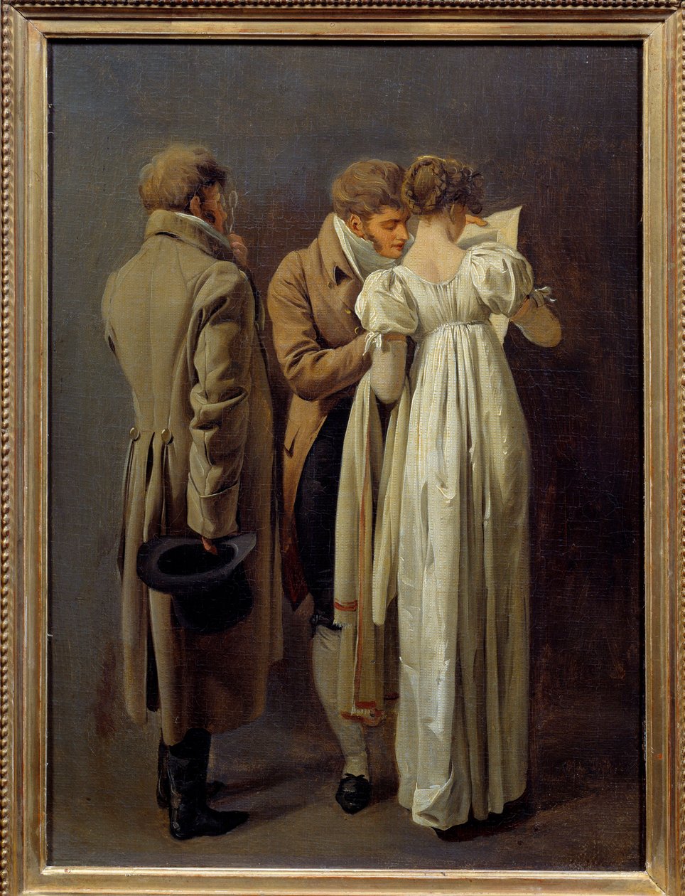 Trykkelskere Unge mennesker vetus i mote av det første imperiet vurderer et trykk. Maleri av Louis Leopold Boilly (1761-1845) 1810. Søn 0,32x0,24 m av Louis Leopold Boilly