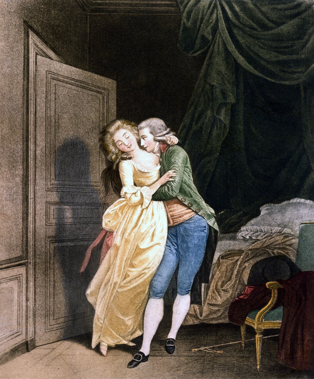 Myk motstand. En mann gjør fremskritt til en veldig elegant ung kvinne. Gravering av Boilly av Louis Leopold Boilly