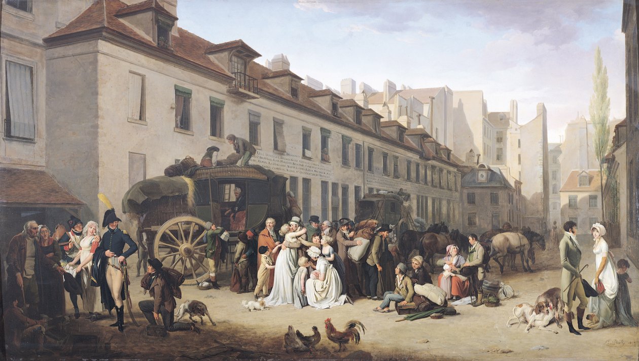 Ankomsten av en diligence ved Terminus, rue Notre-Dame-des-Victoires, Paris av Louis Leopold Boilly