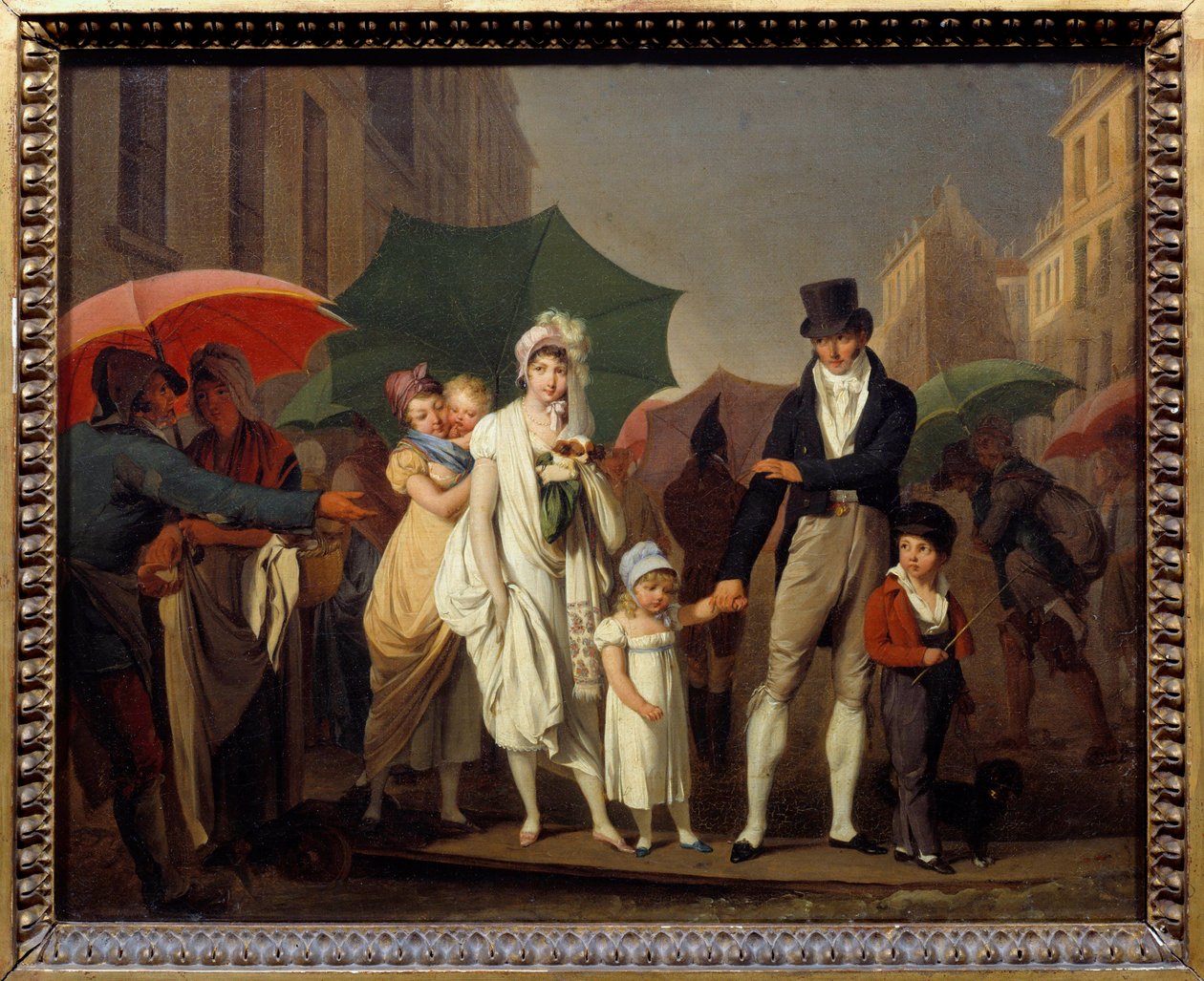 Bourgeois-dusjer på parisisk Premier Empire-mote beskytter seg mot regnet. Maleri av Louis leopold Boilly (1761-1845) 1800-tallets søn. 0,32x0,4 m - Regnskyllen. Parisere borgerlige kledd i First Empire-mote beskytter seg selv fr av Louis Leopold Boilly