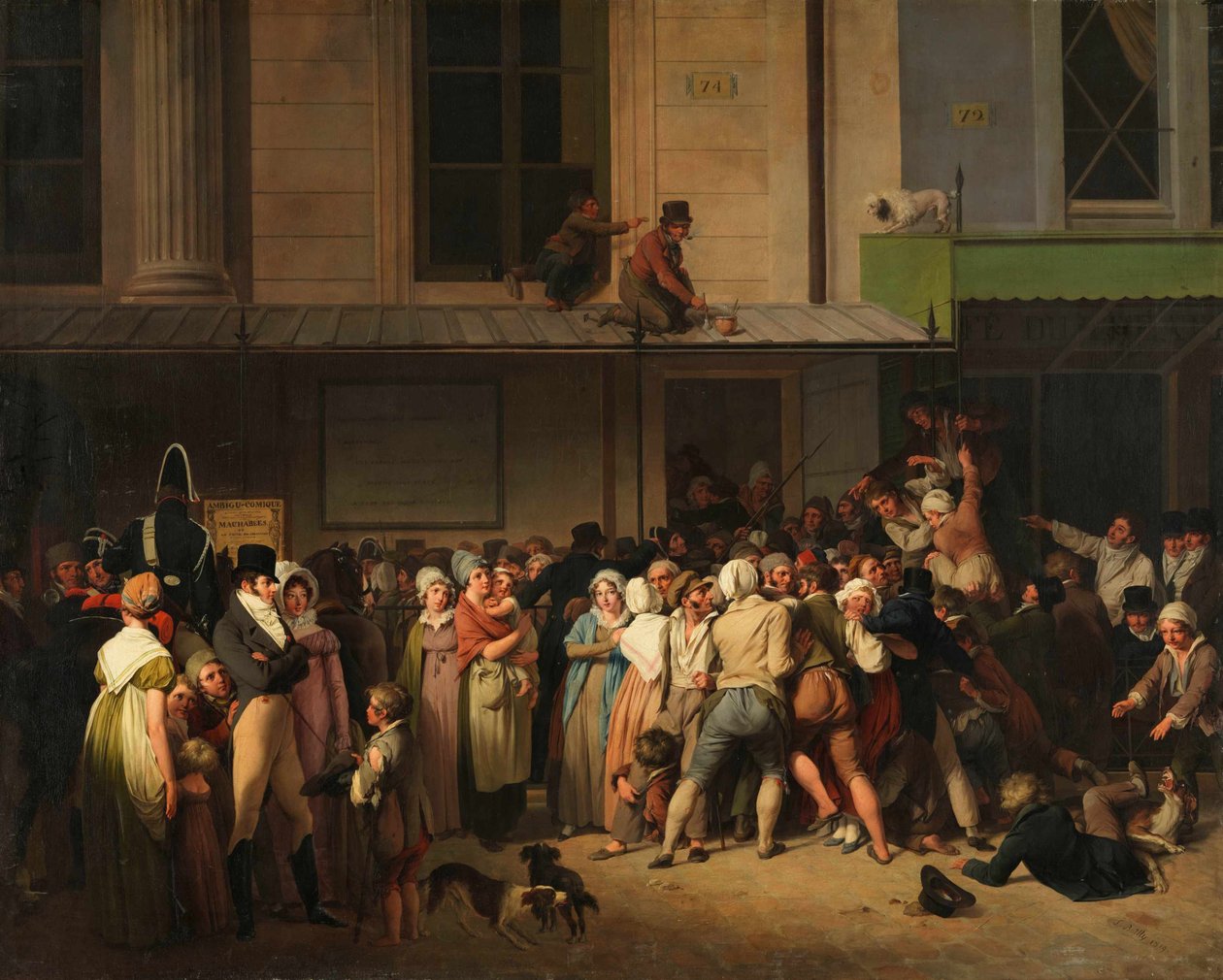 Inngangen til Théâtre de lAmbigu-Comique på dagen for et gratis show, ca 1819. av Louis Leopold Boilly
