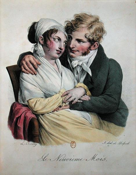 Den niende måneden av svangerskapet, ca. 1825 (farge litho) av Louis Leopold Boilly