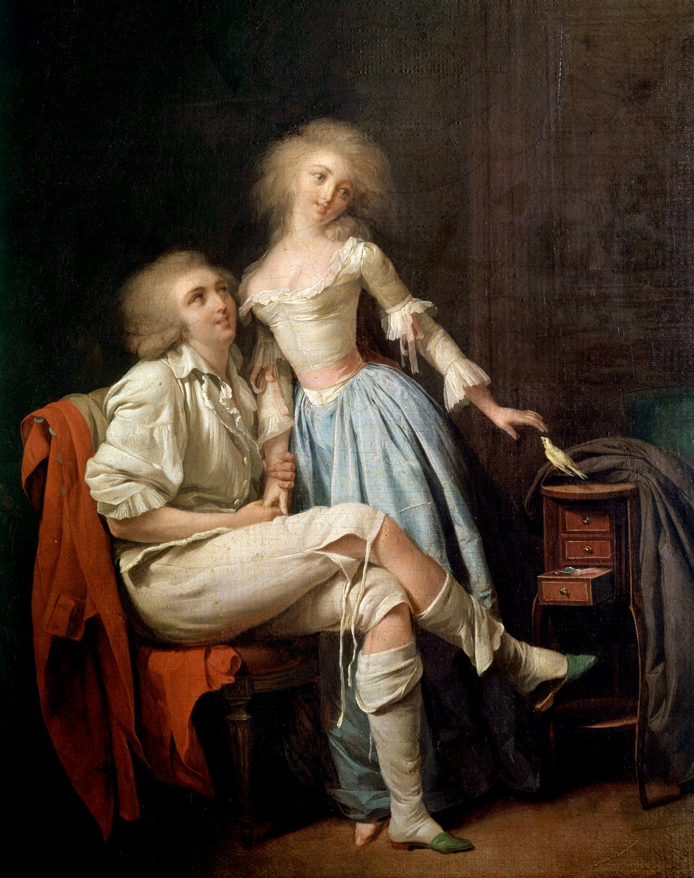 Den private fuglen sier også at ekteparet og fuglen flyr Maleri av Louis leopold Boilly (1761-1845) 1800-tallet Sun. 0,4x0,32 m av Louis Leopold Boilly