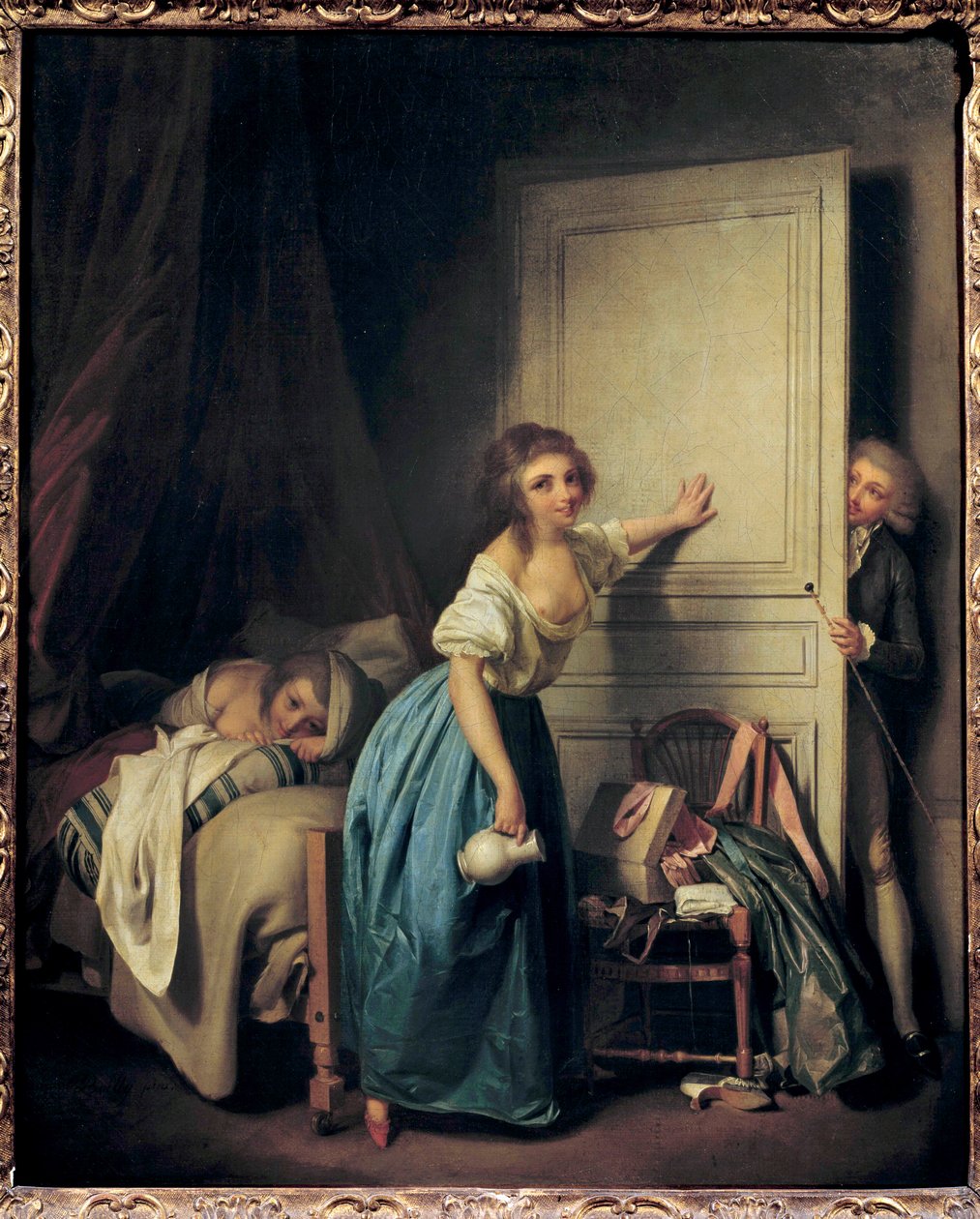 Den nysgjerrige En nysgjerrig voyeur som spionerer på to små jenter. Maleri av Louis Leopold Boilly (1761-1845). 18. århundre. Paris. Musee Cognacq Jay av Louis Leopold Boilly