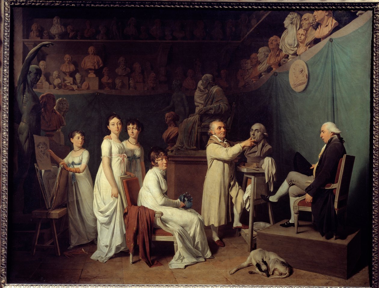 Verkstedet til billedhuggeren Jean Baptiste Houdon (1741-1828). Skulptørens modell var matematikeren Pierre-Simon Laplace (1749-1827) Marquis de Laplace i nærvær av hans kone og døtre. Maleri av Louis Leopold Boilly (1761-1845) 1804 Paris, De av Louis Leopold Boilly