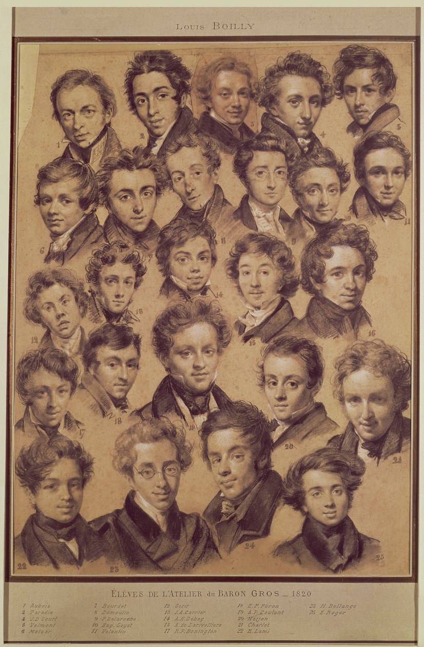 Tjuefem elever fra studioet til Antoine Jean Gros (1771-1835) 1820 (kull og kritt på papir) av Louis Leopold Boilly
