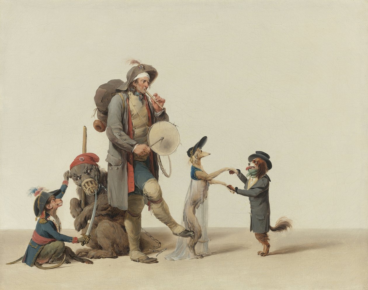 En dyretrener med dansende hunder, en bjørn og en ape av Boilly, Louis-Leopold (1761-1845). Olje på lerret, størrelse: 32,4x40,6 cm - Privat samling av Louis Leopold Boilly