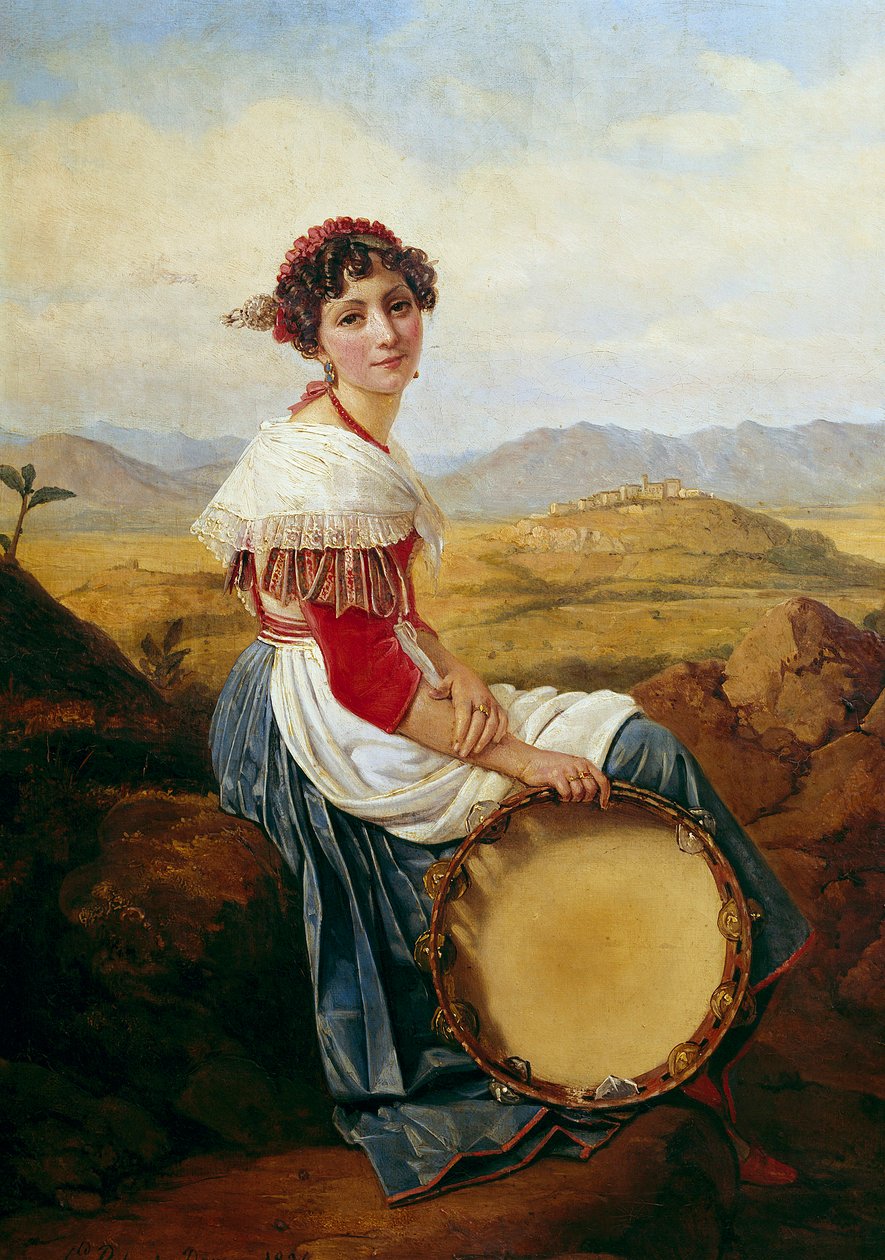 Portrett av en bonde fra landsbygda i Roma En ung italiensk musiker som holder en tamburin. Maleri av Louis Leopold Robert (1794-1835) 1824 Dim. 0,46 x 0,37 m. av Louis Leopold Robert