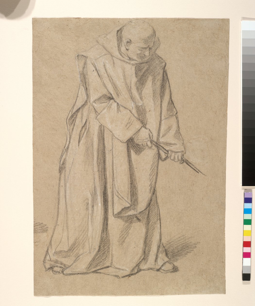 Studie av en munk som trekker i et tau (svart og hvitt kritt på brunt papir) av Louis Licherie de Beurie