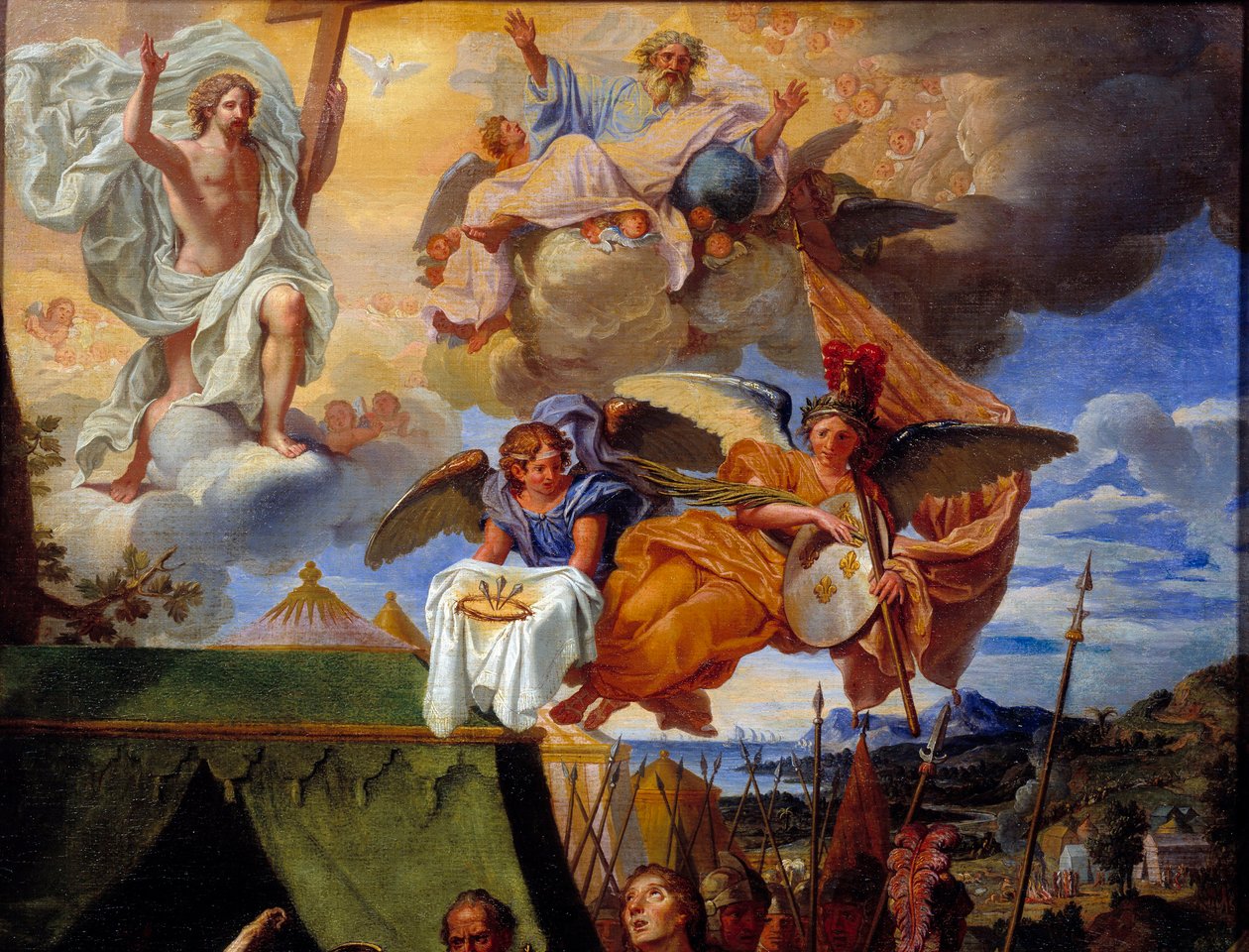 Kong Ludvig IX (Saint Louis) (1214-1270) omsorg for sine soldater Detalj som representerer Gud og engler. Maleri av Louis Licherie de Bury (1629-1687) Rouen fra 1600-tallet, Musee des Beaux Arts av Louis Licherie de Beurie