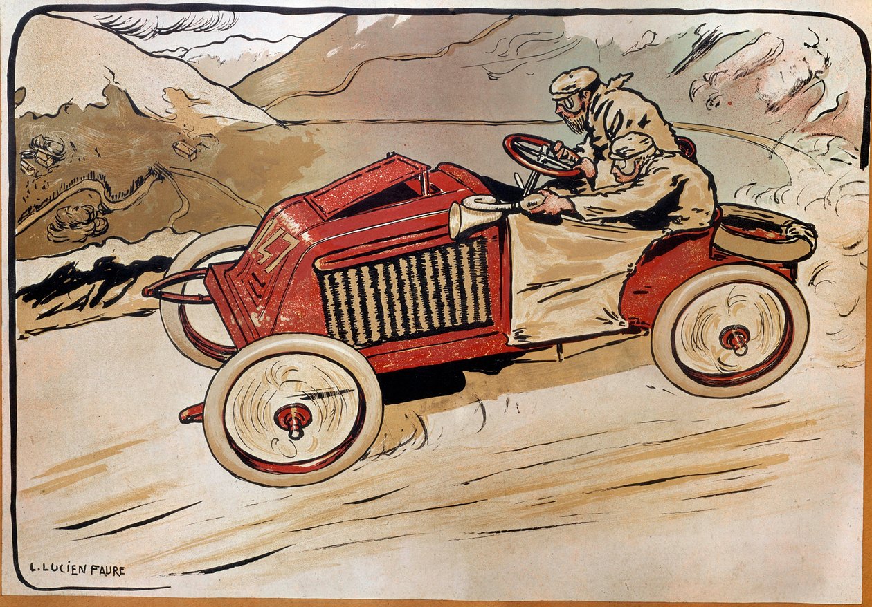 Bil: en racerbil. Marcel Renault (1872-1903) og Rene Vauthier krysser Alpene under løpet PARIS-VIENNA i 1902 i bil 147. Litografi av Louis Lucien Faure Dujarric (1872-?), 1900-tallet. Conservatoire national des Arts et Metiers, Paris av Louis Lucien Faure Dujarric