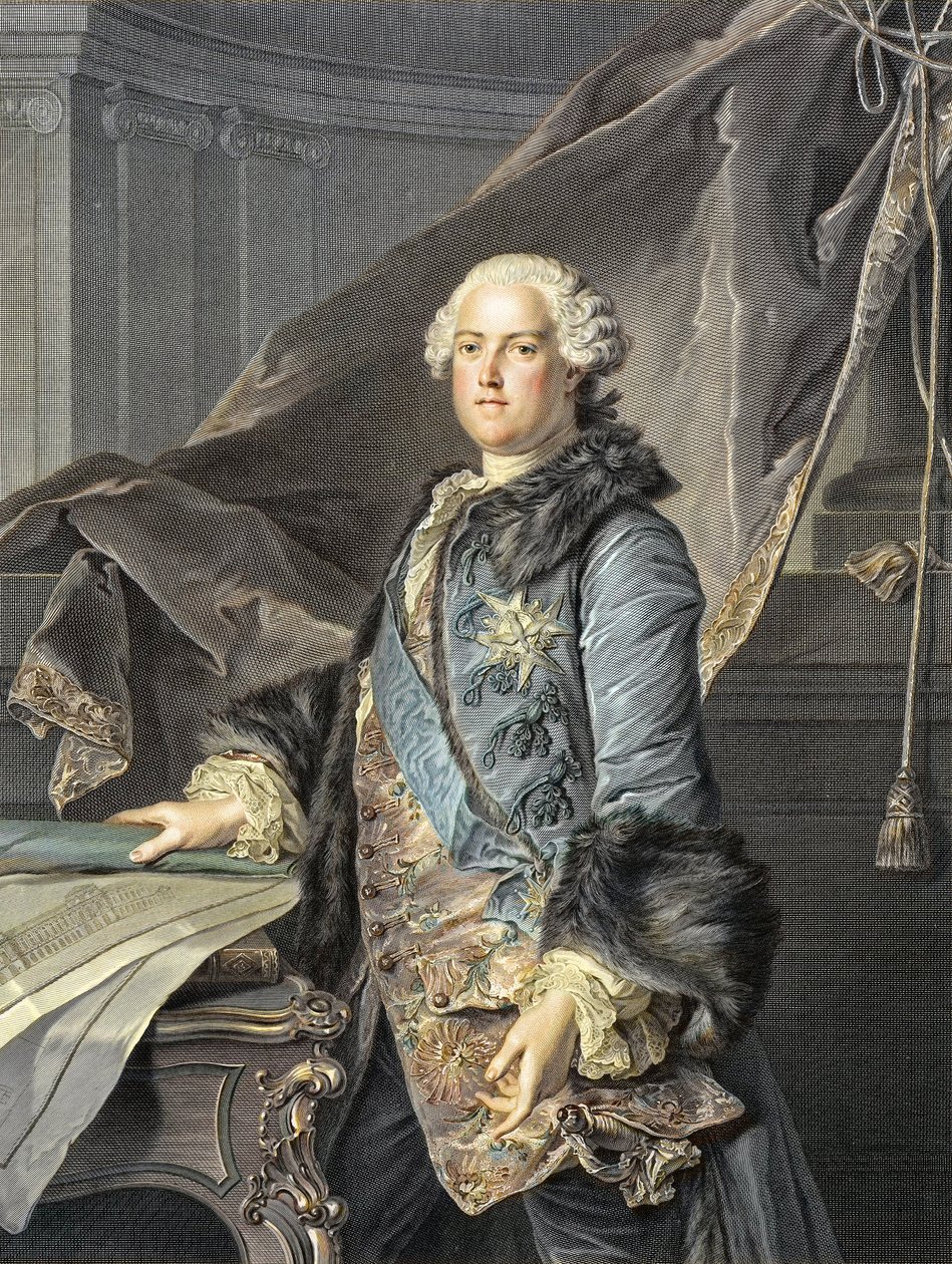 Abel Francois Poisson de Vandieres (1727-81) Marquis de Marigny - Direktør for kongens bygninger; bror til Madame de Pompadour - Portrett av Abel-Francois (Abel Francois) Poisson, monsieur de Vandieres, Marquis de Marigny, generaldirektør for Batim av Louis M. (after) Tocque