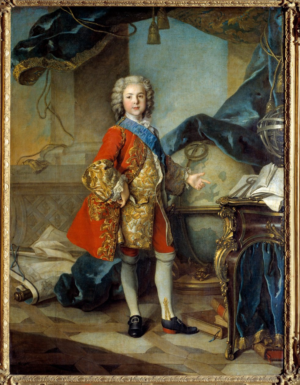 Portrett i full lengde av Dauphin Louis de France (1729 - 1765) sønn av Louis XV, i studiestudioet hans. Maleri av Louis Tocque (1696 - 1772) av Louis Tocqué