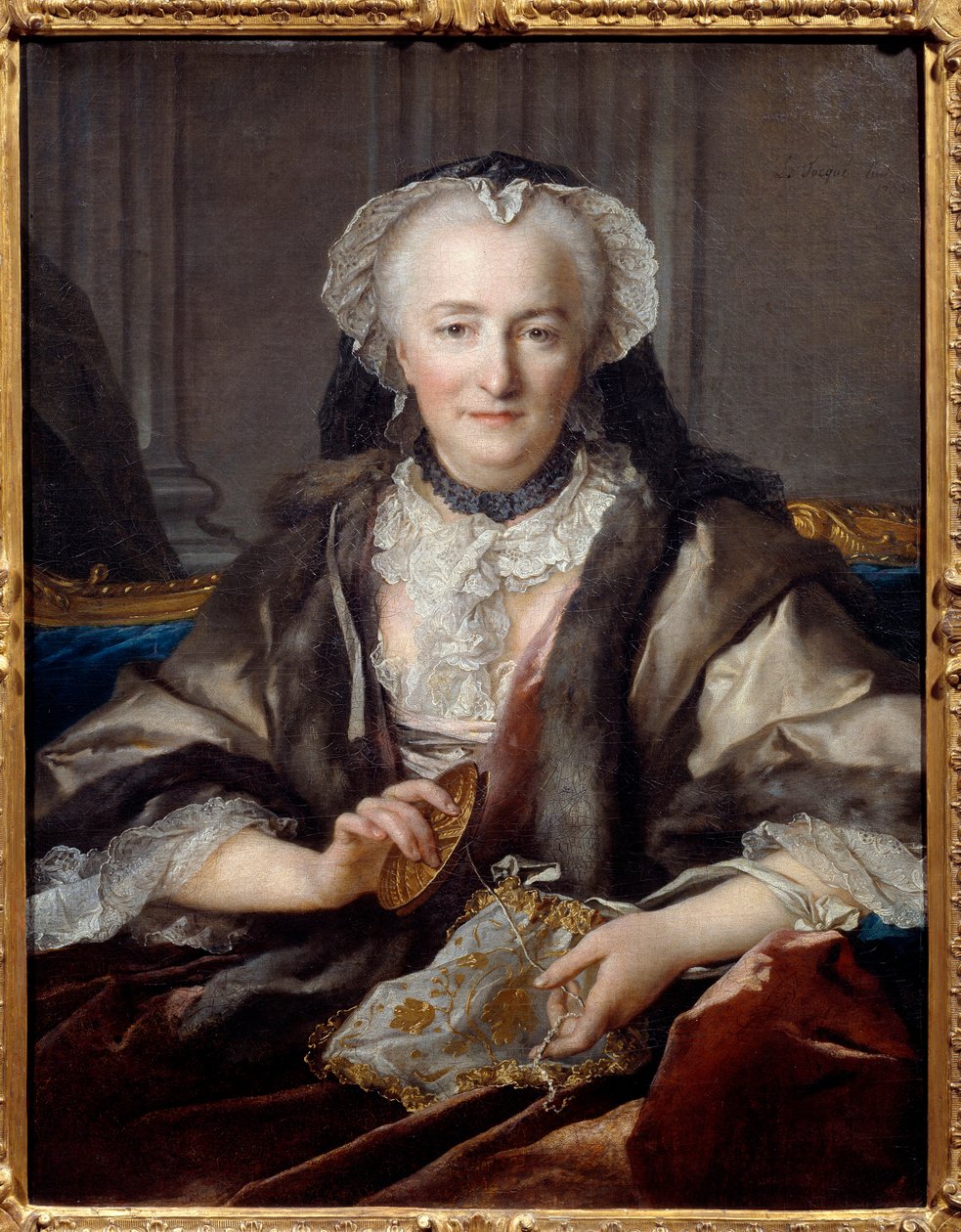 Portrett av Madame Dange som banker Hun er kona til bondegeneralen F. B. Dange du Fay - Maleri av Louis Tocque (1696-1772) 1753 Søn. 0,83x0,63 m - Portrett av Anne Jarry, Madame Dange (I 1721 giftet hun seg med Francois Balthazar Dange du Fay (1696-1777) av Louis Tocqué