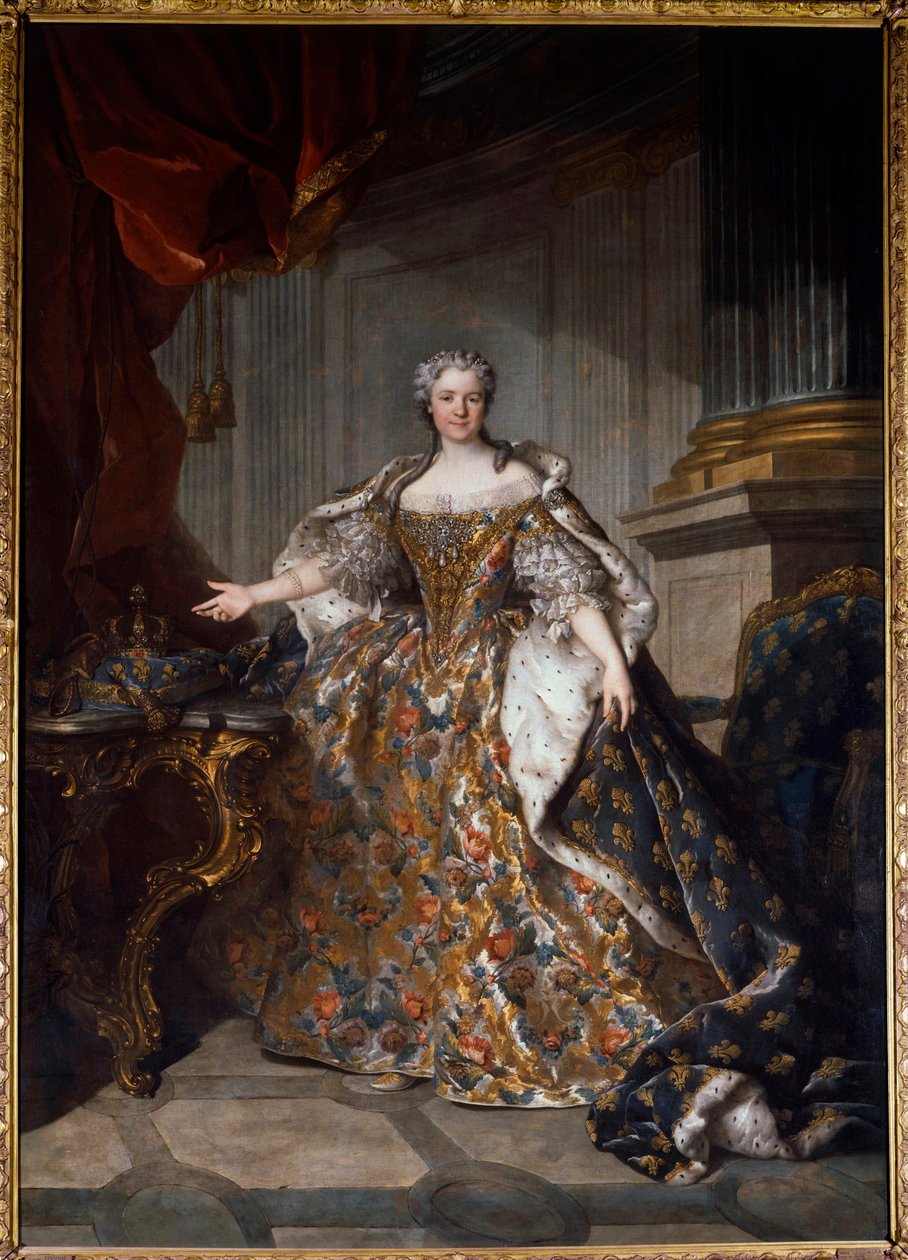 Portrett av Marie Lesczinska (Lesczynska) (1703-1768) Dronning av Frankrike Maleri av Louis Tocque (1696-1772) 1740 Søn. 2,77x1,91 m - Portrett av Marie Leczinska (Leszczynska) (1703-1768) - Maleri av Louis Tocque (1696-1772), olje på lerret (277x7x191 cm) av Louis Tocqué