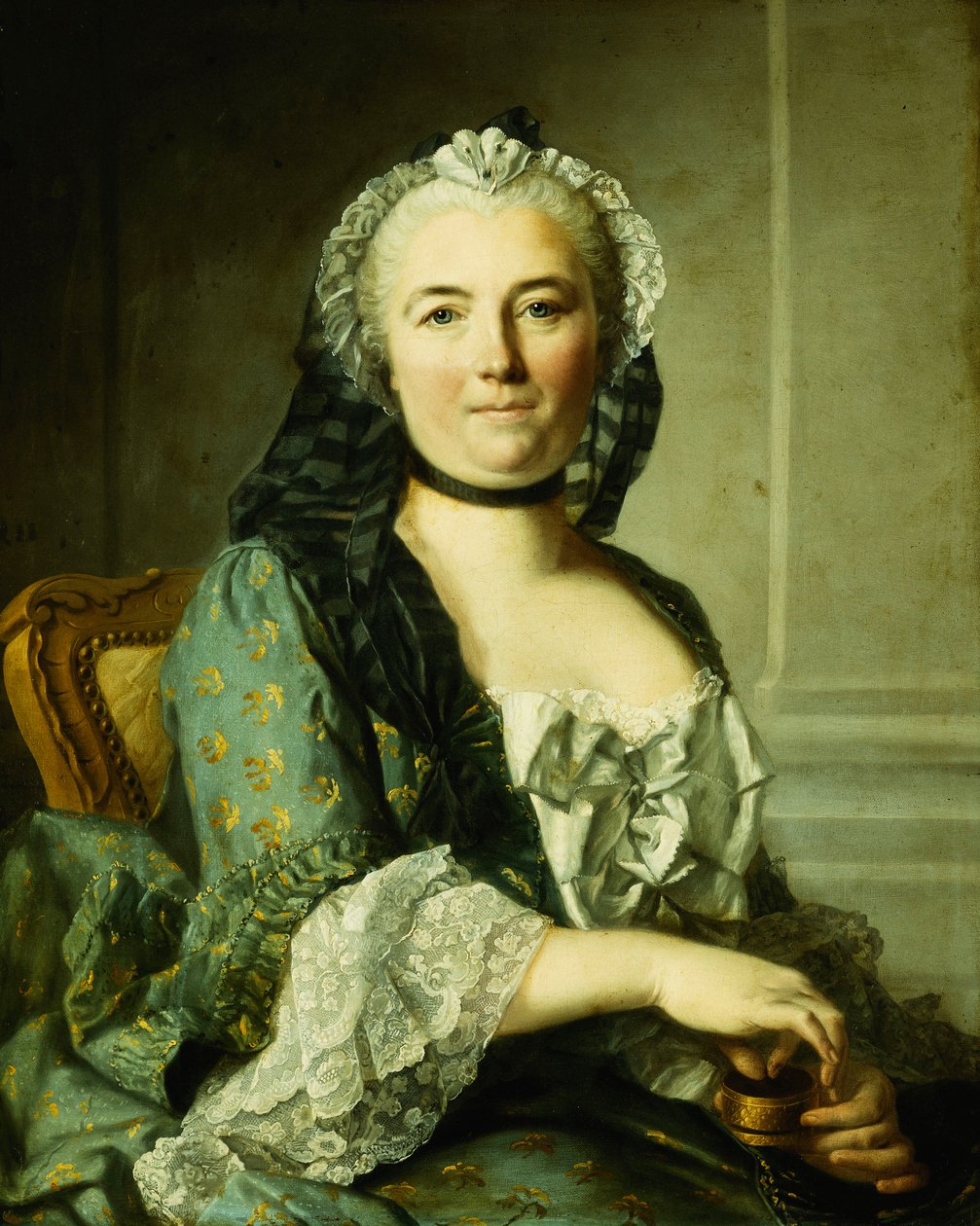 Portrett av en dame, sittende, halv lengde, med snusboks, av Louis Tocqué