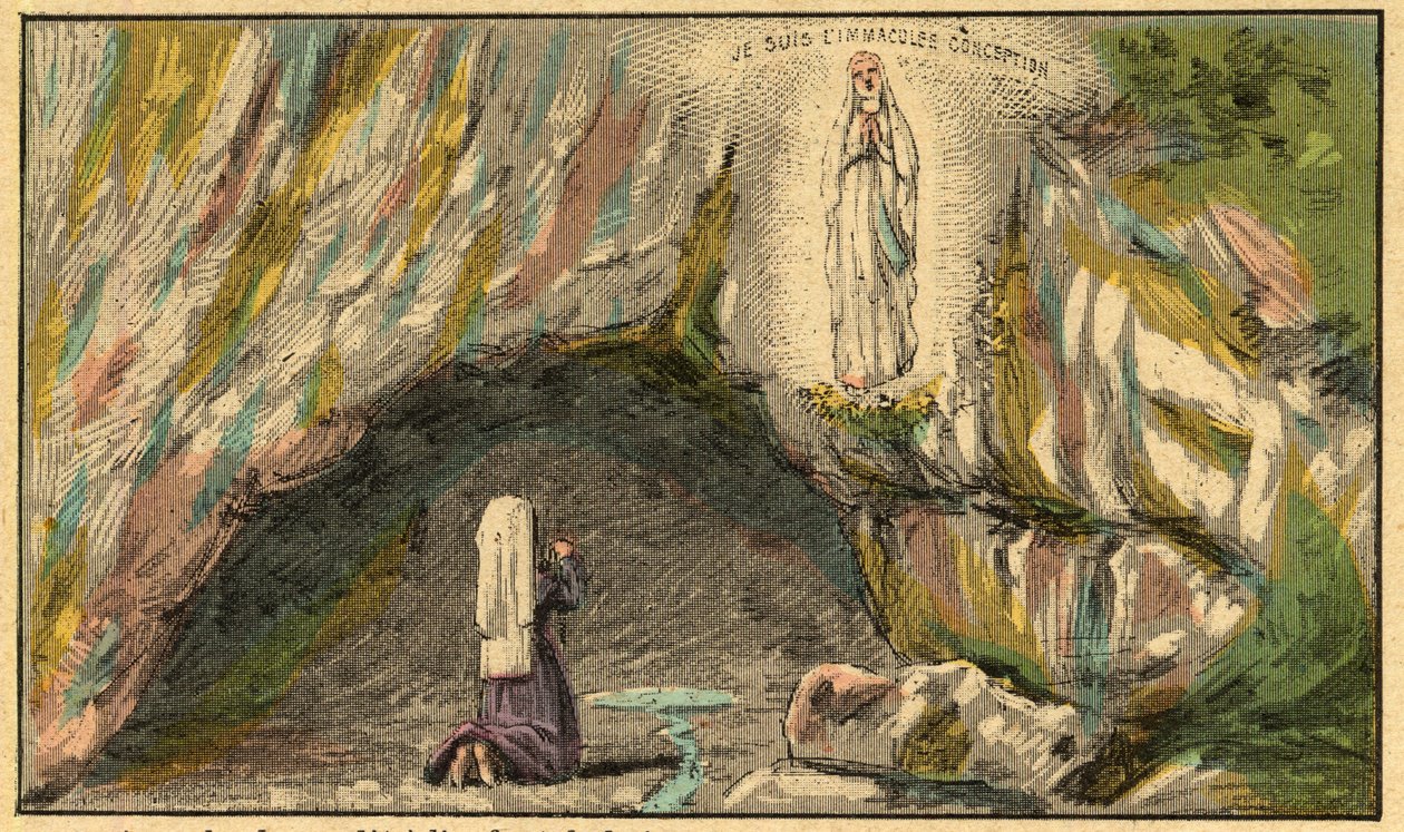 The Apparitioin of Virgin Mary in Lourdes - Jomfruen viser seg for Bernadette Soubirous (1844-1879) i Lourdes i 1858 - - Gravering fra "" Religiøs lære gjennom øynene. Wonderful Album» av Louis Maitrejean og Georget Ramond - Frankrike 1910 av Louis Maitrejean