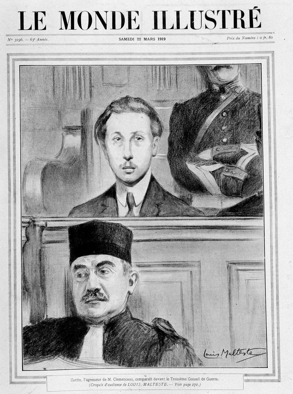 Domsscene. "" Eugene Cottin, aggressoren til Georges Benjamin Clemenceau, dukket opp før det tredje krigsrådet"" (skisse av publikum av Louis Malteste) - i "" Le Monde Illustré"" av 15.02.1919 av Louis Malteste