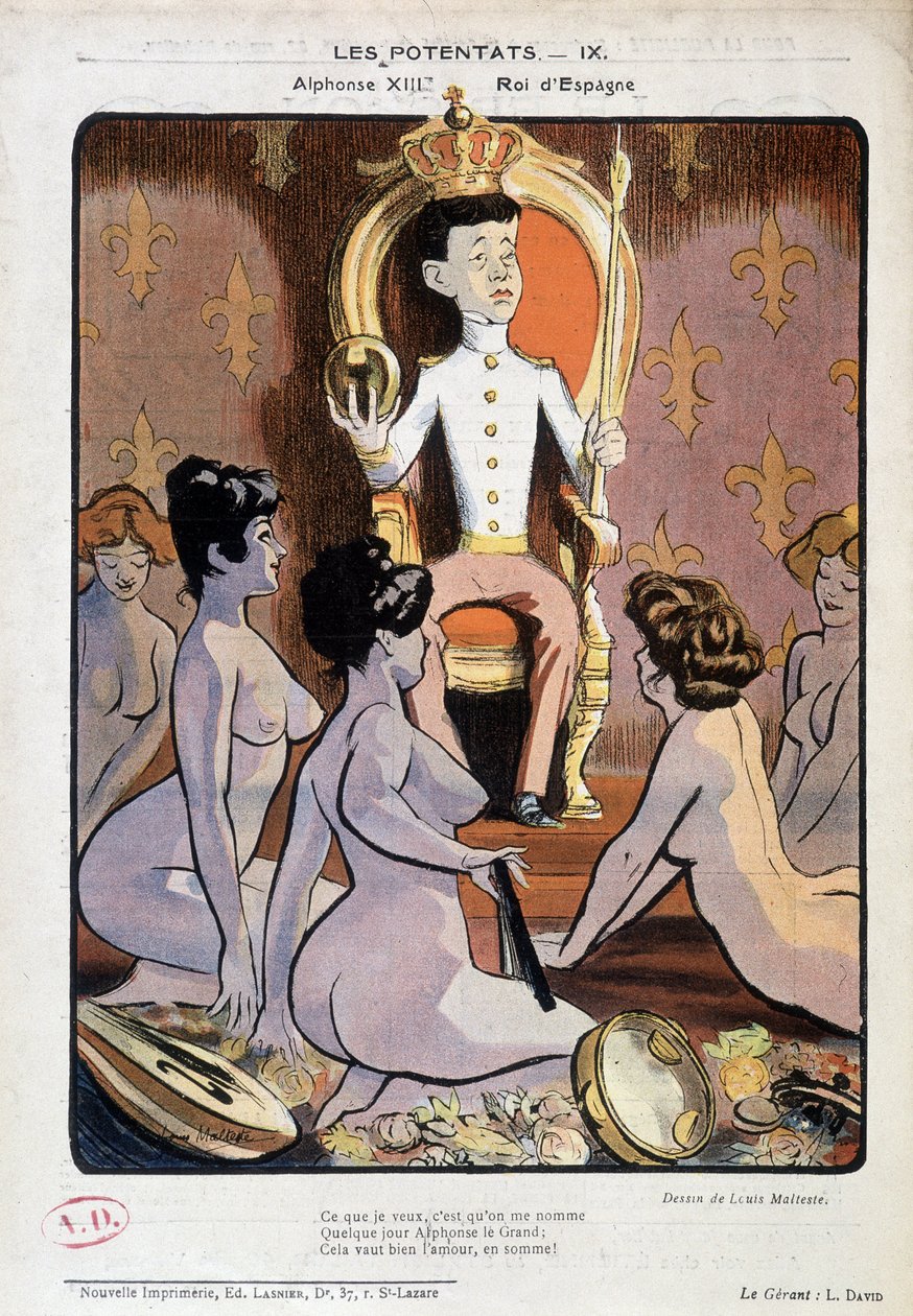 Portrettlast av Alfonso XIII, konge av Spania, på sin trone og omgitt av nakne kvinner - tegning av Louis Malteste, i "La Vie en Rose"" 21.9.1902. av Louis Malteste