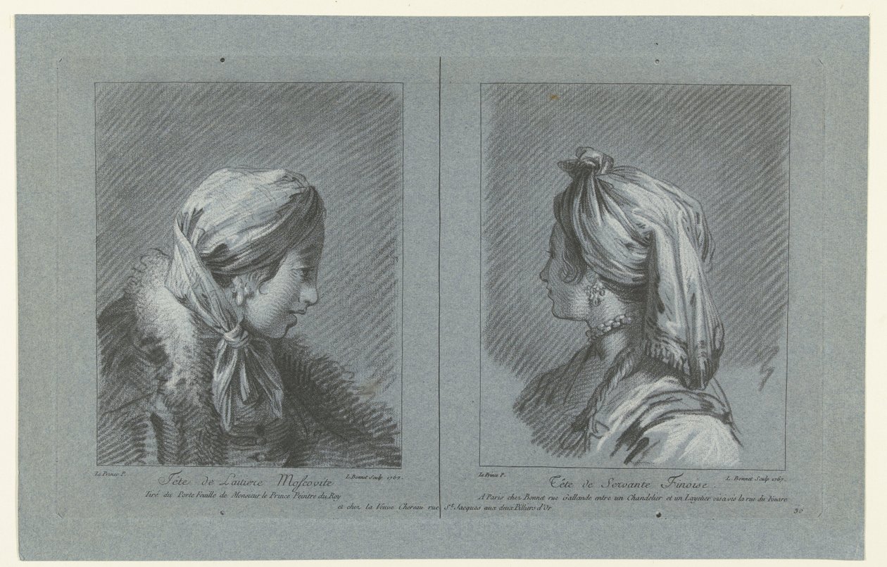 Portrett av en muscovy melkepike og en finsk hushjelp Tête de laitiere Moscovite (tittel på objekt) Tête de Servante Finoise (tittel på objekt) av Louis Marin Bonnet