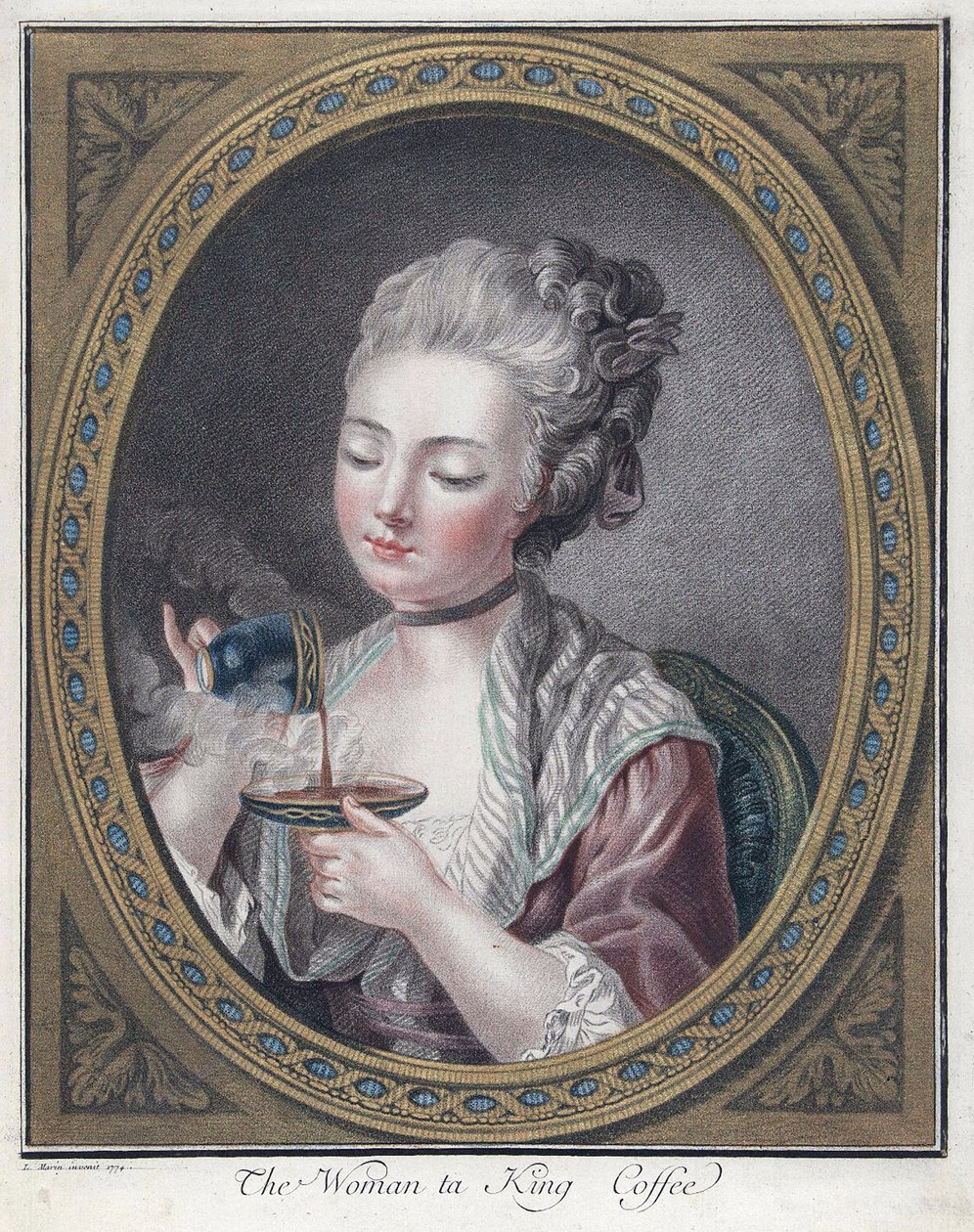 Kvinne som tar kaffe - Bonnet, Louis-Marin (1743-1793) - 1774 - Etsning, akvarell - 28,7x23,4 - Privat samling av Louis Marin Bonnet