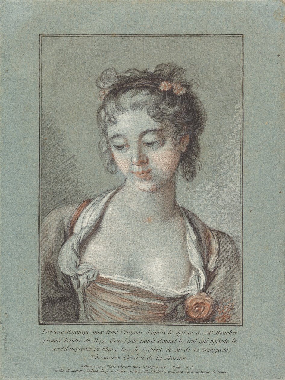 Byste av en ung kvinne som ser ned av Louis Marin Bonnet after François Boucher