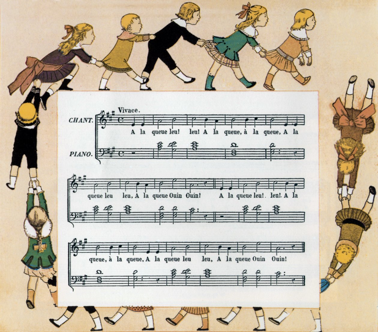 Partitur og illustrasjon av barnesangen "In Single File" av Louis Maurice Boutet de Monvel
